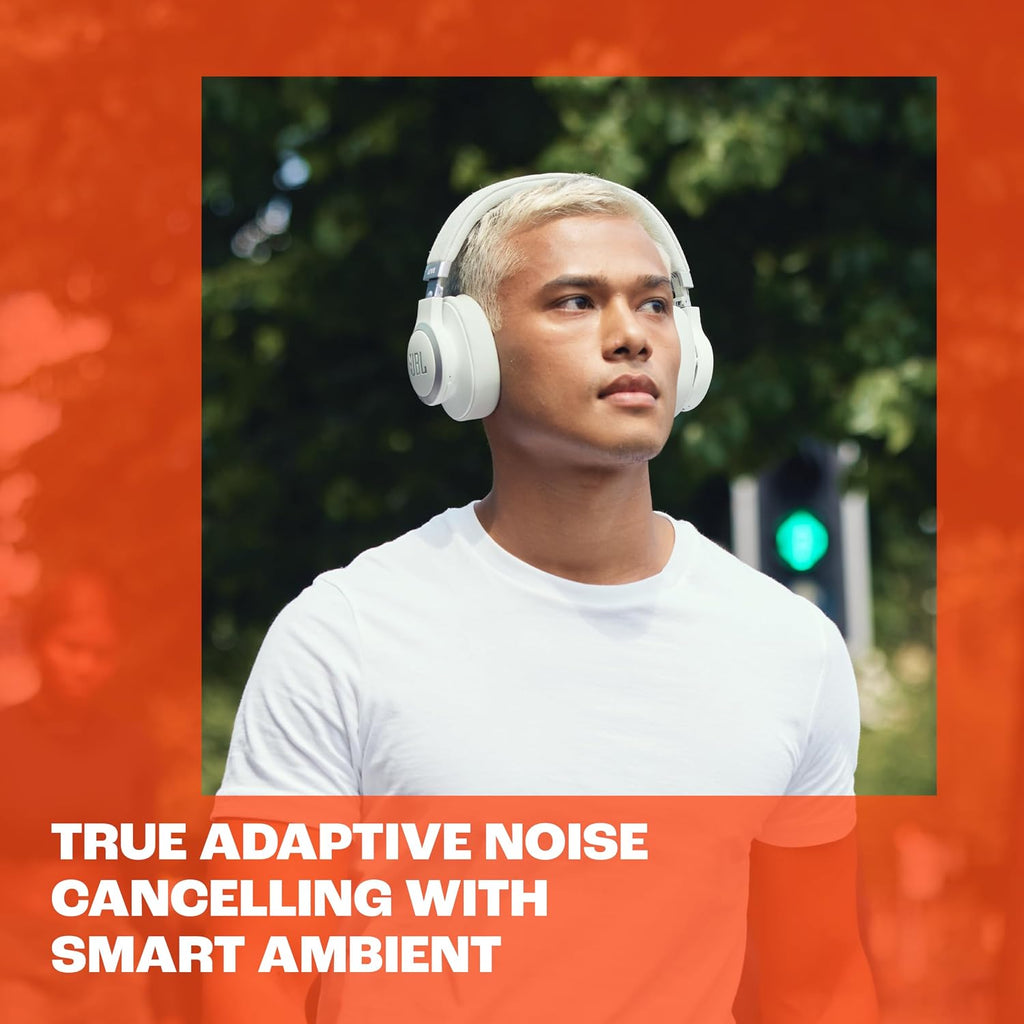 JBL Live 770NC - Wireless Over-Ear Headphones with True Adaptive Noise Cancelling with Smart Ambient, Up to 65 Hours of Battery Life, Comfort-fit Fabric Headband & Carrying Pouch (White)