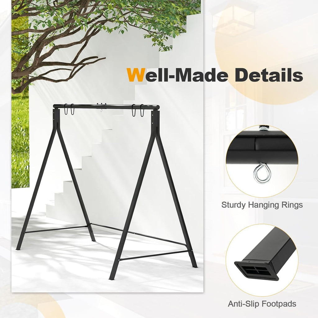Tangkula Metal Swing Frame, Porch Swing Stand with Extra Side Bars, 5 Hanging Rings, Heavy Duty Swing Frame Outdoor for Swing, Hammock, A-Frame Swing Stand Frame Outdoor for Lawn, Garden, Backyard