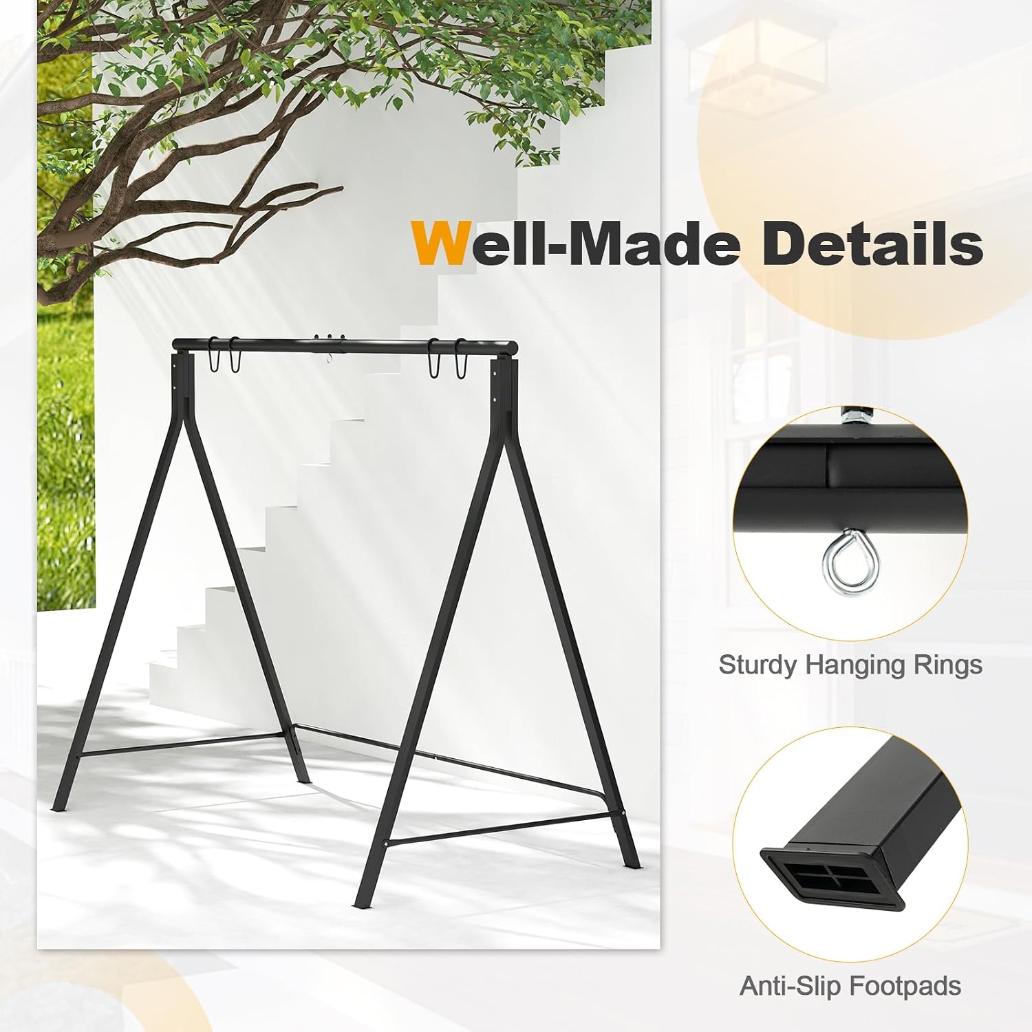 Tangkula Metal Swing Frame, Porch Swing Stand with Extra Side Bars, 5 Hanging Rings, Heavy Duty Swing Frame Outdoor for Swing, Hammock, A-Frame Swing Stand Frame Outdoor for Lawn, Garden, Backyard
