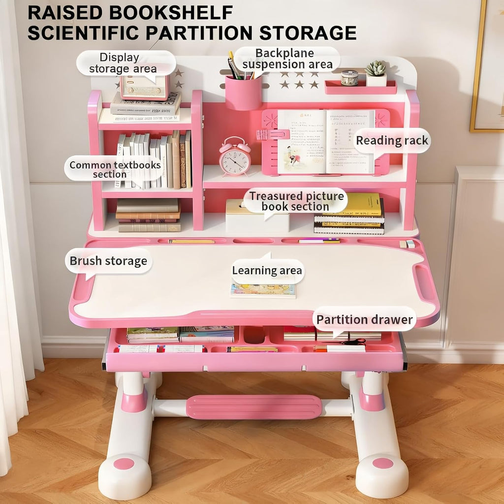 Kids Desk and Chair Set, Ergonomic Height Adjustable Kids Desk with Cartoon Pattern, Widened and Tilt Desktop, Book Stand, Steel Hook and Storage Drawer for Boys & Girls 3+ (Pink 1)