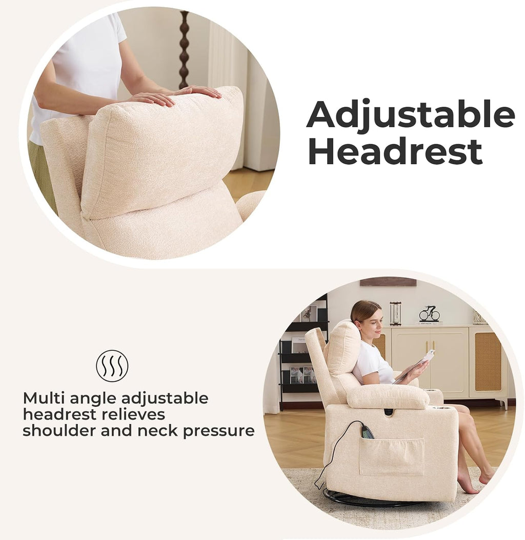 Rocking Chair Nursery with Adjustable Armrests, Electric Glider Recliner Nursing Chair for Breastfeeding, Power Swivel Recliner Chairs with Massage and Heat, Adjustable Headrest , FSC Certified, Beige