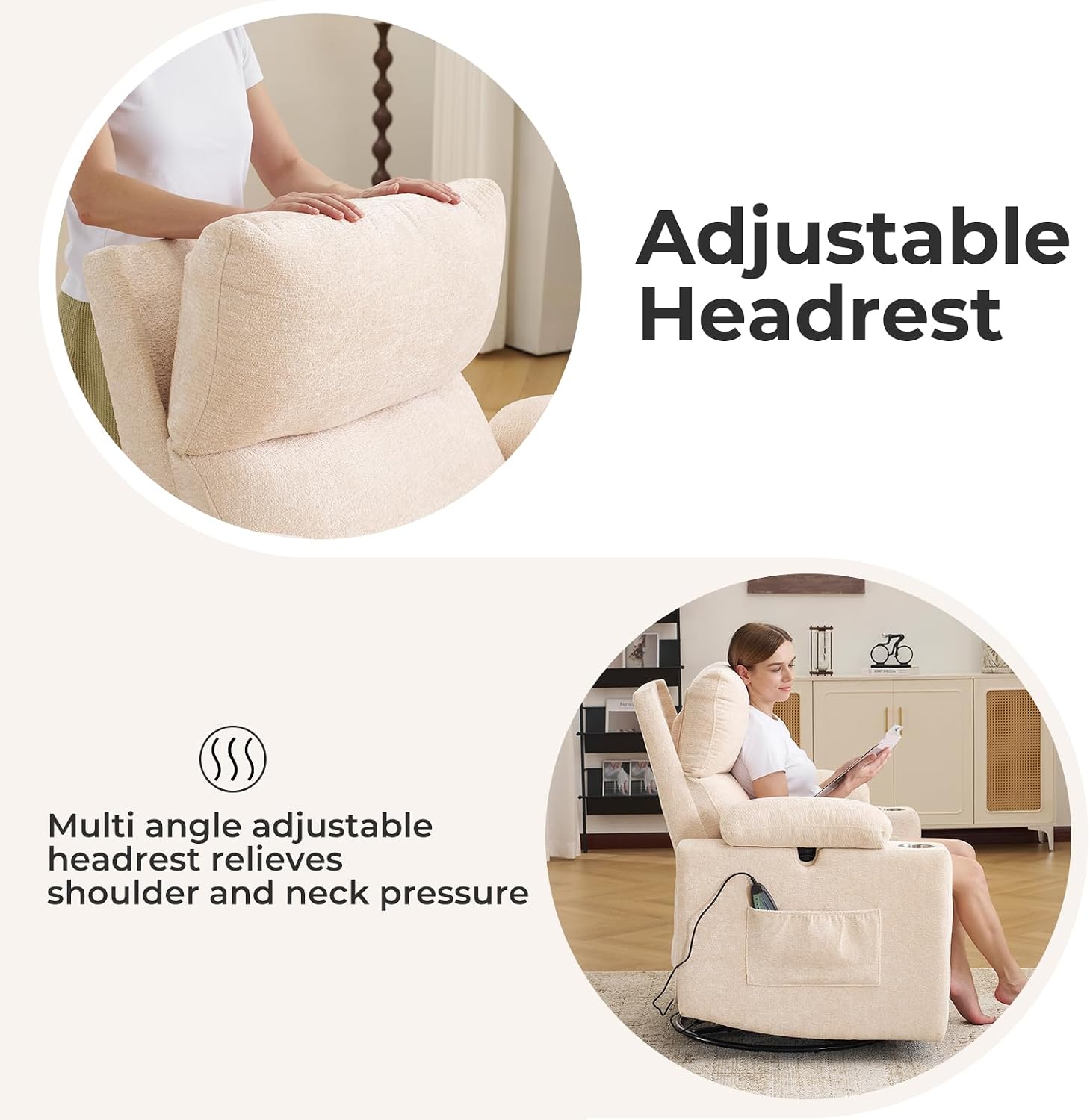 Rocking Chair Nursery with Adjustable Armrests, Electric Glider Recliner Nursing Chair for Breastfeeding, Power Swivel Recliner Chairs with Massage and Heat, Adjustable Headrest , FSC Certified, Beige