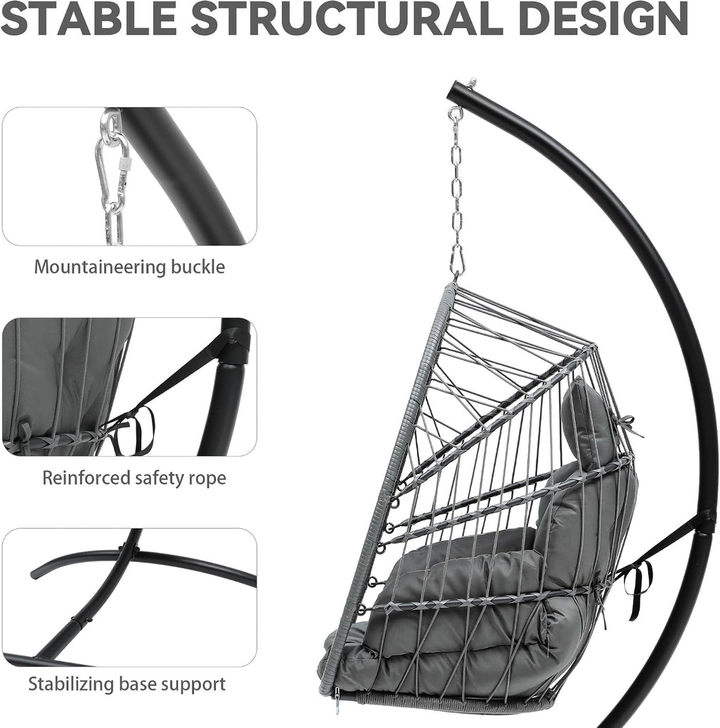 YITAHOME Hanging Egg Chair, Outdoor Patio Wicker Hammock Egg Chair Indoor with Cushion, Rattan Swing Chair 300lbs for Balcony, Garden Bedroom, Gray with Stand