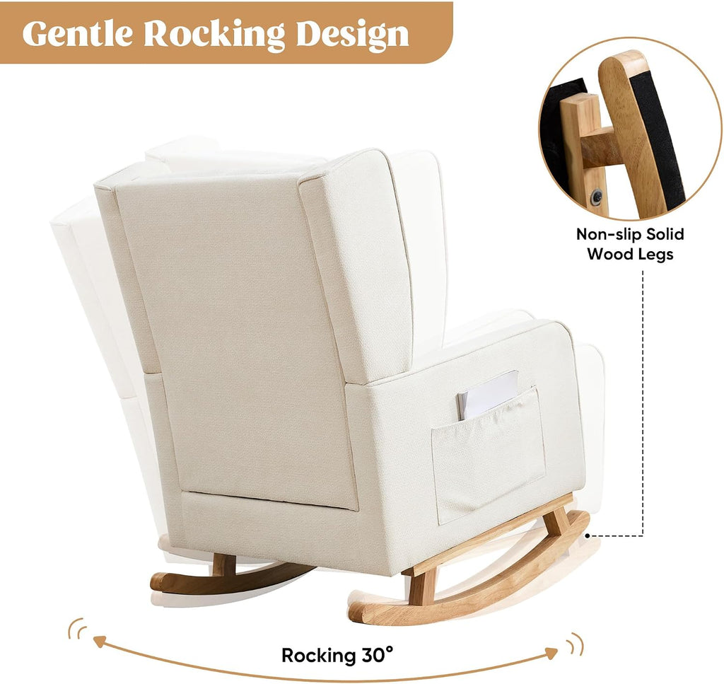 HCHAIRH Nursery Rocking Chairs, Rocking Chair Nursery for Mom Nursery Rocker with High Backrest and Solid Wood Legs, Beige Modern Wingback Accent Chairs for Reading Living Room Bedroom