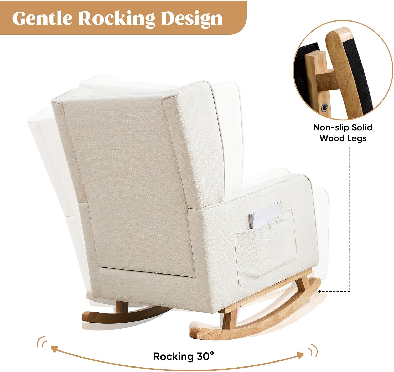 HCHAIRH Nursery Rocking Chairs, Rocking Chair Nursery for Mom Nursery Rocker with High Backrest and Solid Wood Legs, Beige Modern Wingback Accent Chairs for Reading Living Room Bedroom
