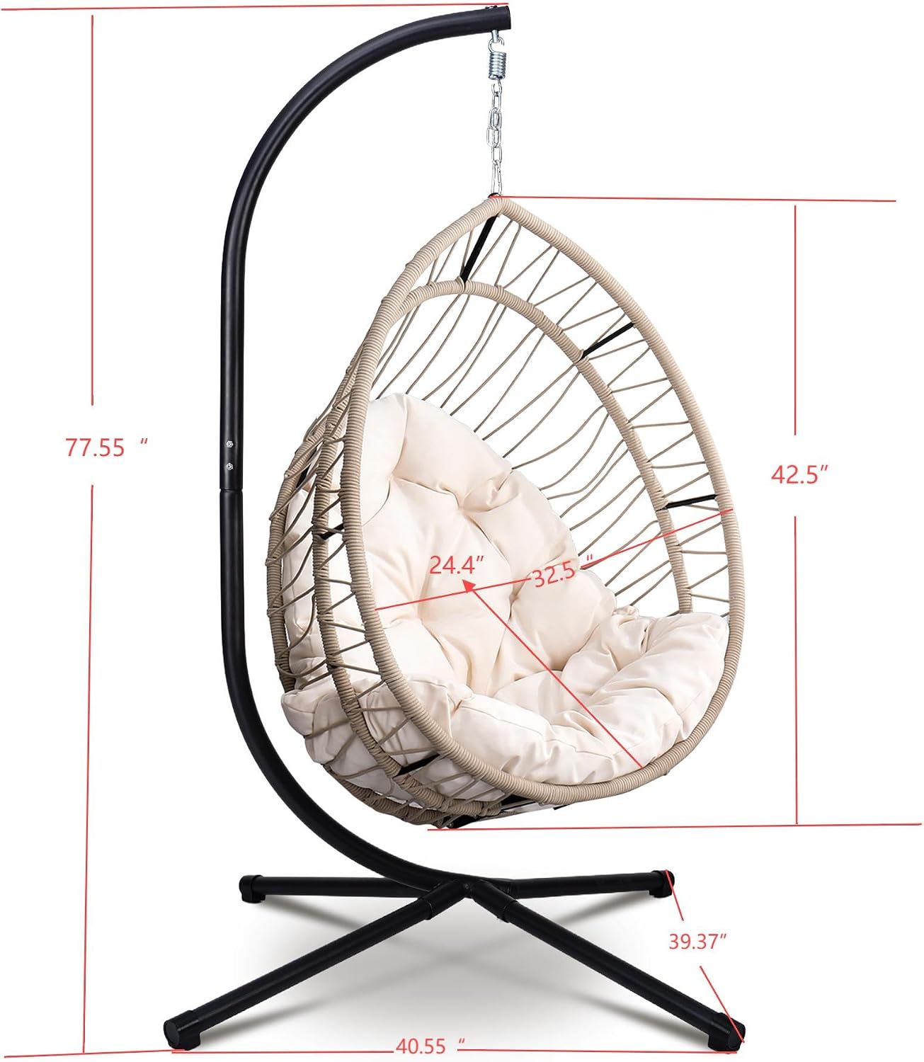 KEIKI Hanging Egg Chair with Stand - Beige Wicker Hammock Swing Chair for Indoor & Outdoor, 350LBS Capacity, Includes Cushion - Patio, Balcony, Bedroom, Garden Lounge Chair