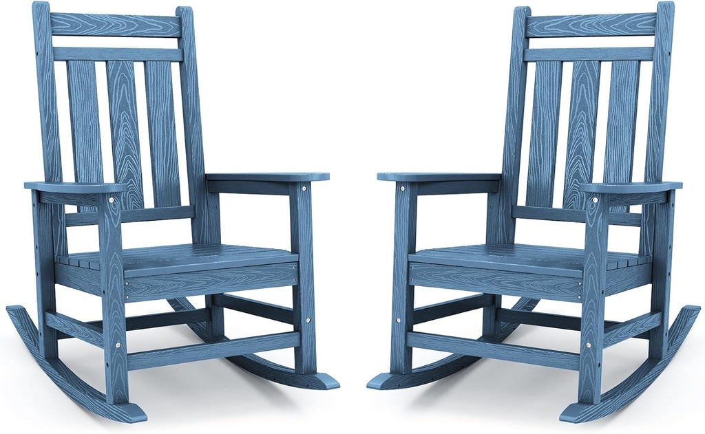 KINGYES Oversized Outdoor Rocking Chair Set of 2, All-Weather Patio Rocking Chairs for Porch, HDPE Outdoor Patio Rockers with High Back & Wide Seat for Garden, Lawn, Blue
