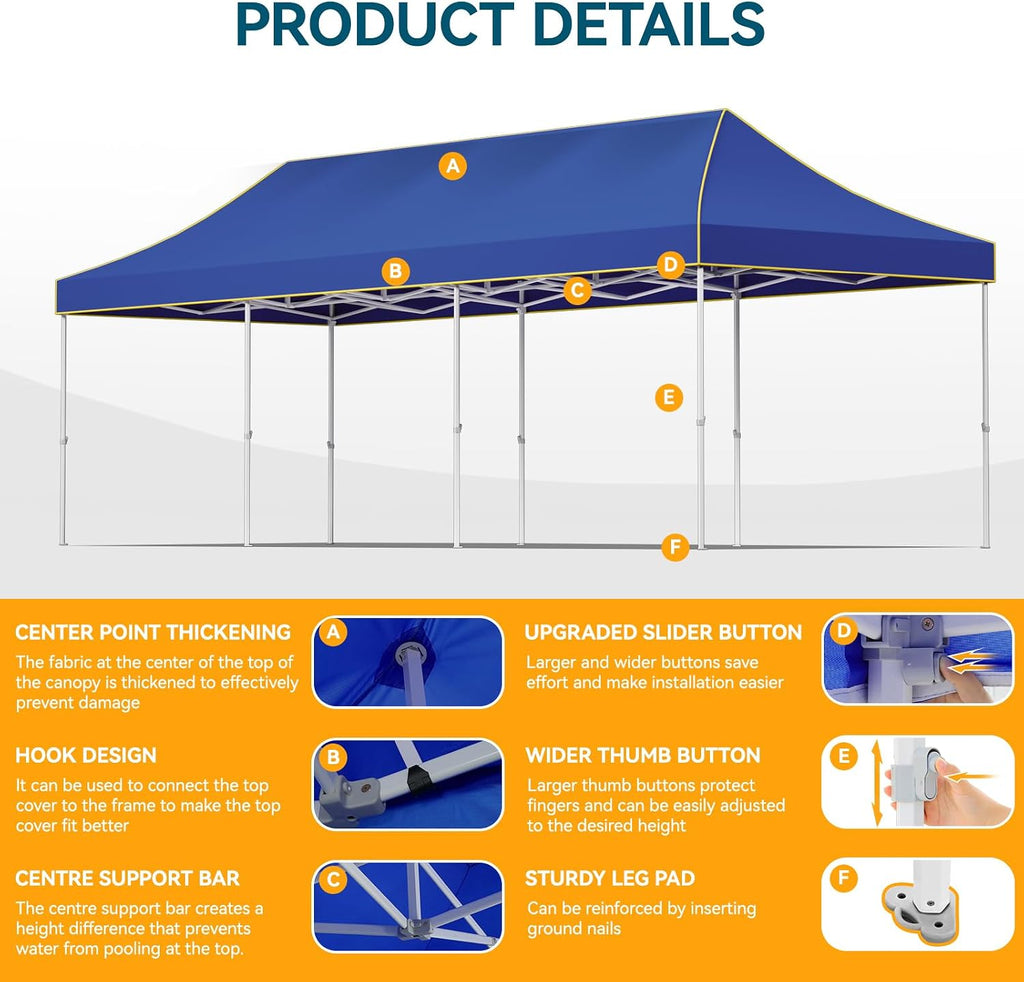 Hoteel 10x30 Pop Up Canopy Tent Heavy Duty with 5 Sidewalls, Waterproof Party Tent, Easy Set-up Commercial Instant Tents with Roller Bag & Sandbags, Hexagonal Leg (1-Year Warranty)