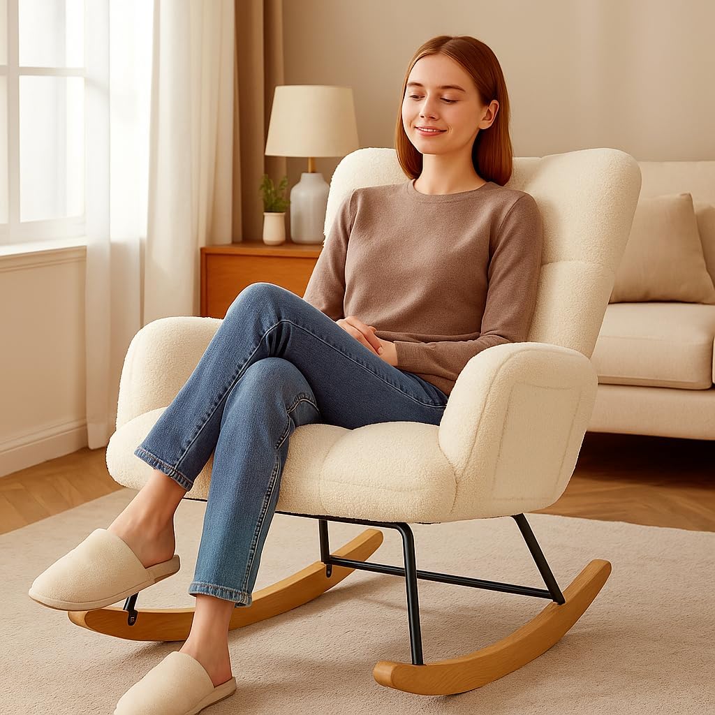 COMHOMA Nursery Rocking Chair, Teddy Upholstered Glider Rocking Chair with Side Pockets, Accent Chair with High Backrest Reading Chair for Adult, Nursery, Bedroom, Living Room,Offices(Beige)