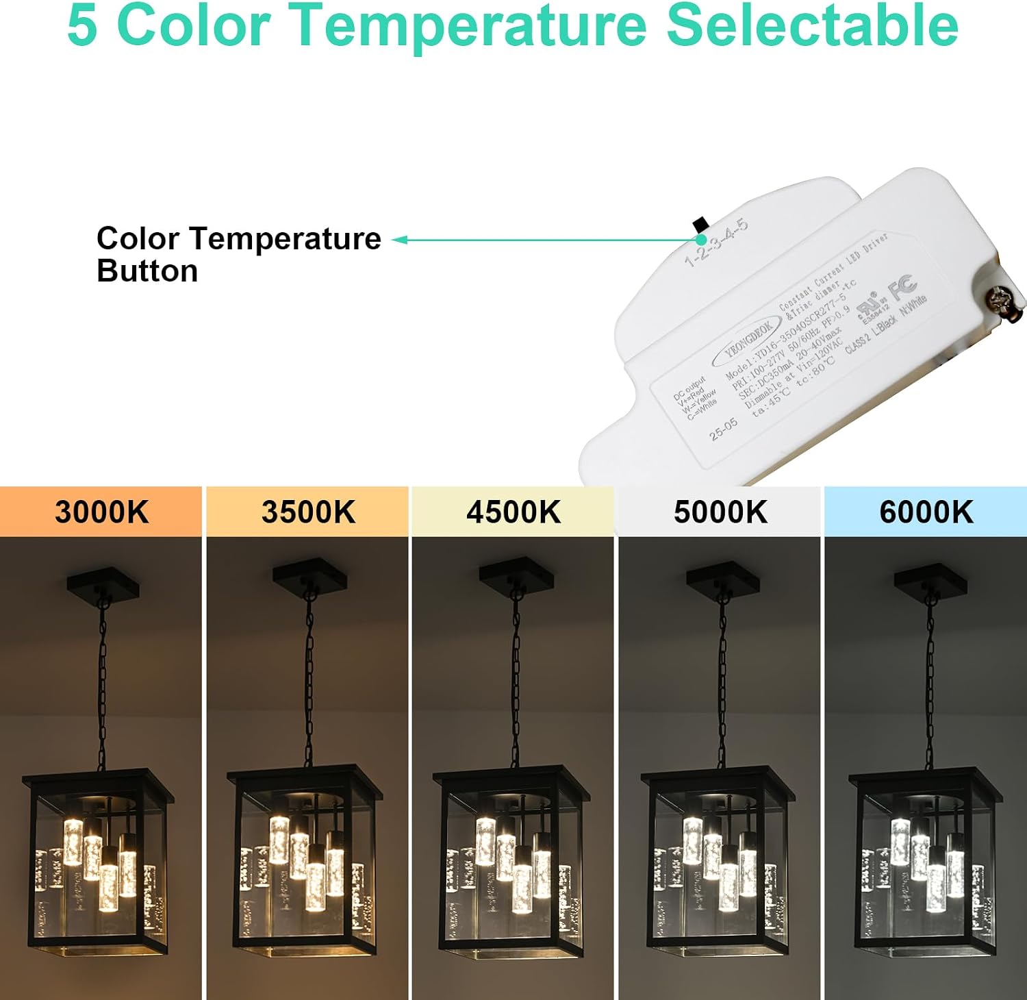 Yaohong 16.7' Large 5CCT LED Outdoor Pendant Light, 4-Lights Modern Oil Rubbed Bronze Hanging Ceiling Fixture with Acrylic Column & Clear Glass, Weatherproof Chandelier for Porch Gazebo Patio Entryway
