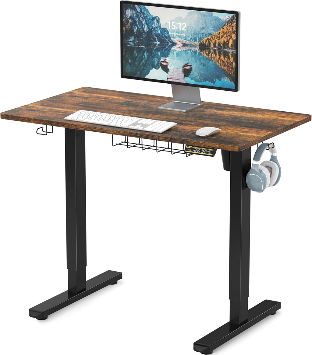 SHW 40 x 22 Inches Electric Height Adjustable Sit to Stand Desk with Hanging Hooks and Cable Management, Black Frame and Rustic Brown Top