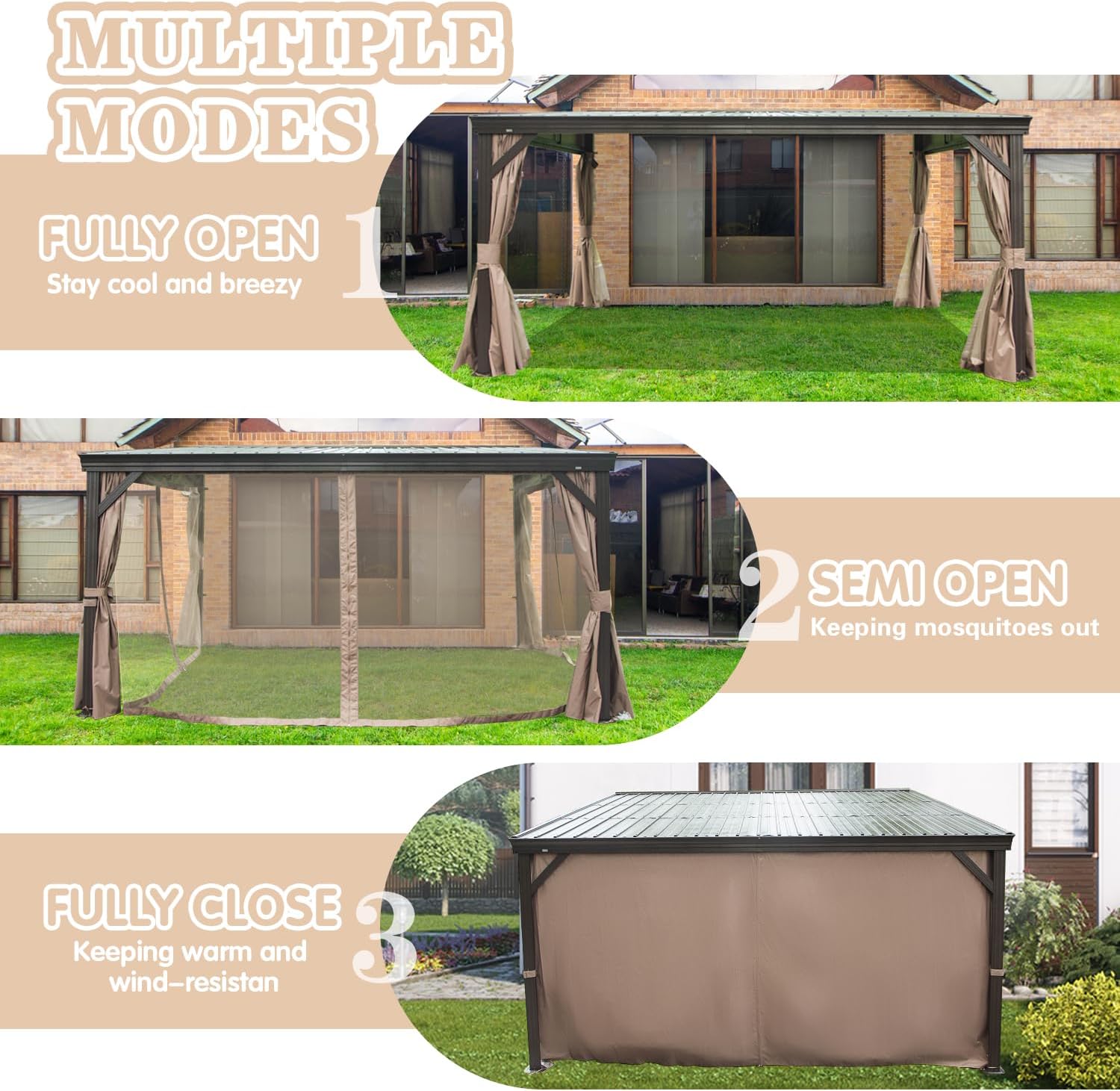 Domi 12x14FT Wall-Mounted Hardtop Gazebo, Aluminum Lean to Gazebo with Galvanized Steel Sloping Roof, Curtains & Netting for Outdoor Patio, Deck, Backyard, Garden Parties