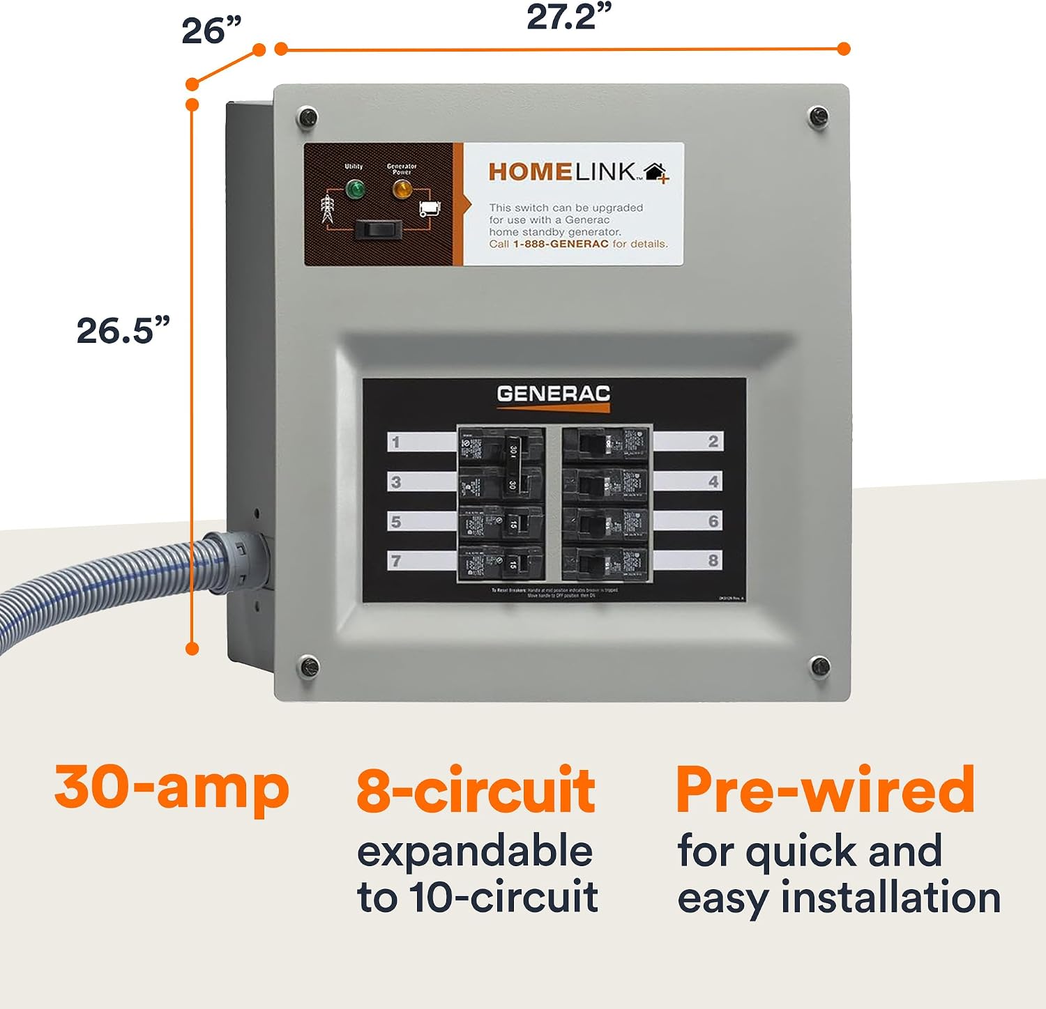 Generac HomeLink 30-Amp Portable Generator Transfer Switch, Upgradeable Manual Transfer Switch, 8-10 Circuits, Indoor Pre-Wired Panel