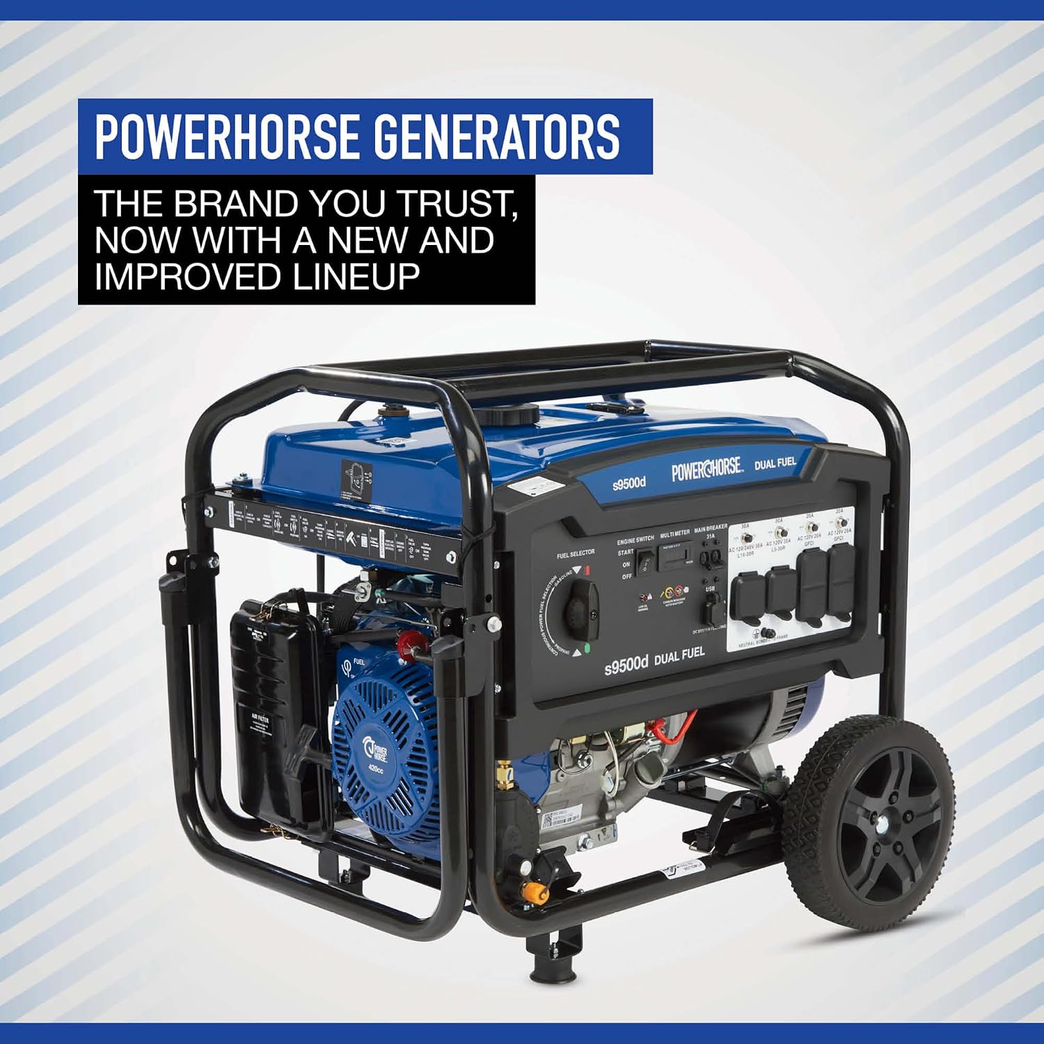 Powerhorse Portable Generator, 9500 Surge Watts, 7500 Rated Watts, 120/240V, Dual Fuel, Electric Start, CO Shutdown