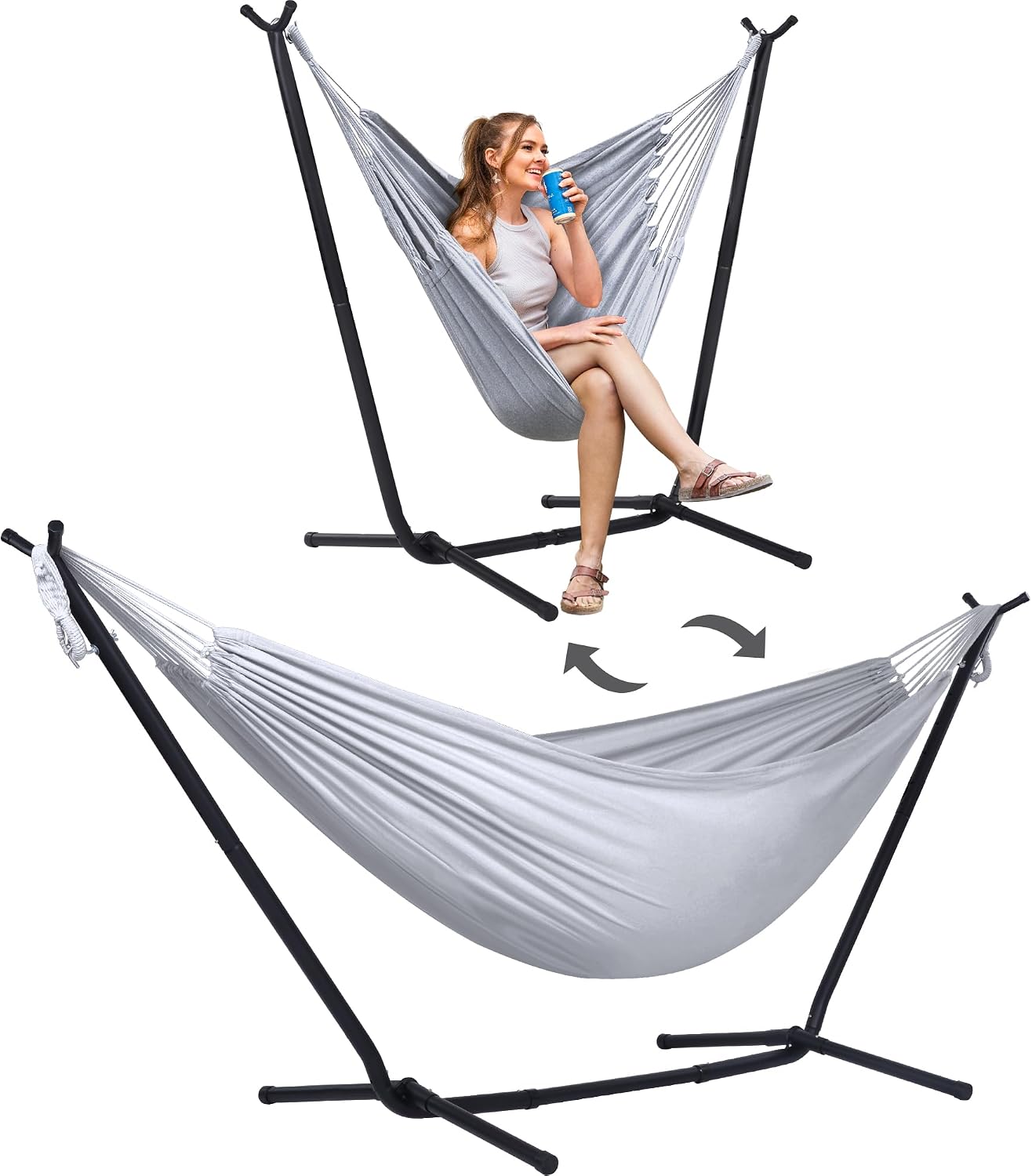 SUNCREAT 2-in-1 Convertible Extra Large Hammocks with Stand, Heavy Duty 2 Person Hammock for Outside with Stand, Patented, Light Gray