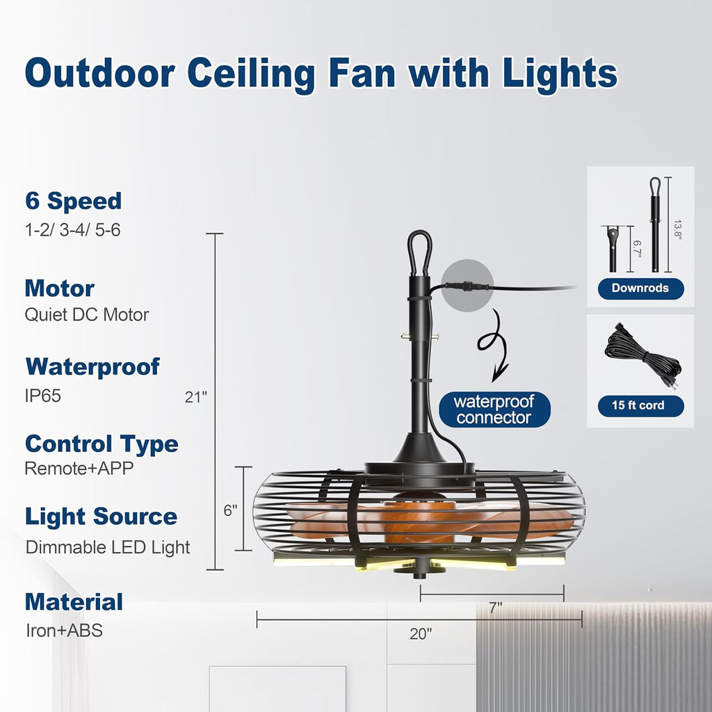 Coolbull 20'' Outdoor Ceiling Fan with Light, Wet Rated Gazebo Fan, Plug in Ceiling Fan, Hanging with Hook, Remote&APP, 6 Speeds, with Wood Blades