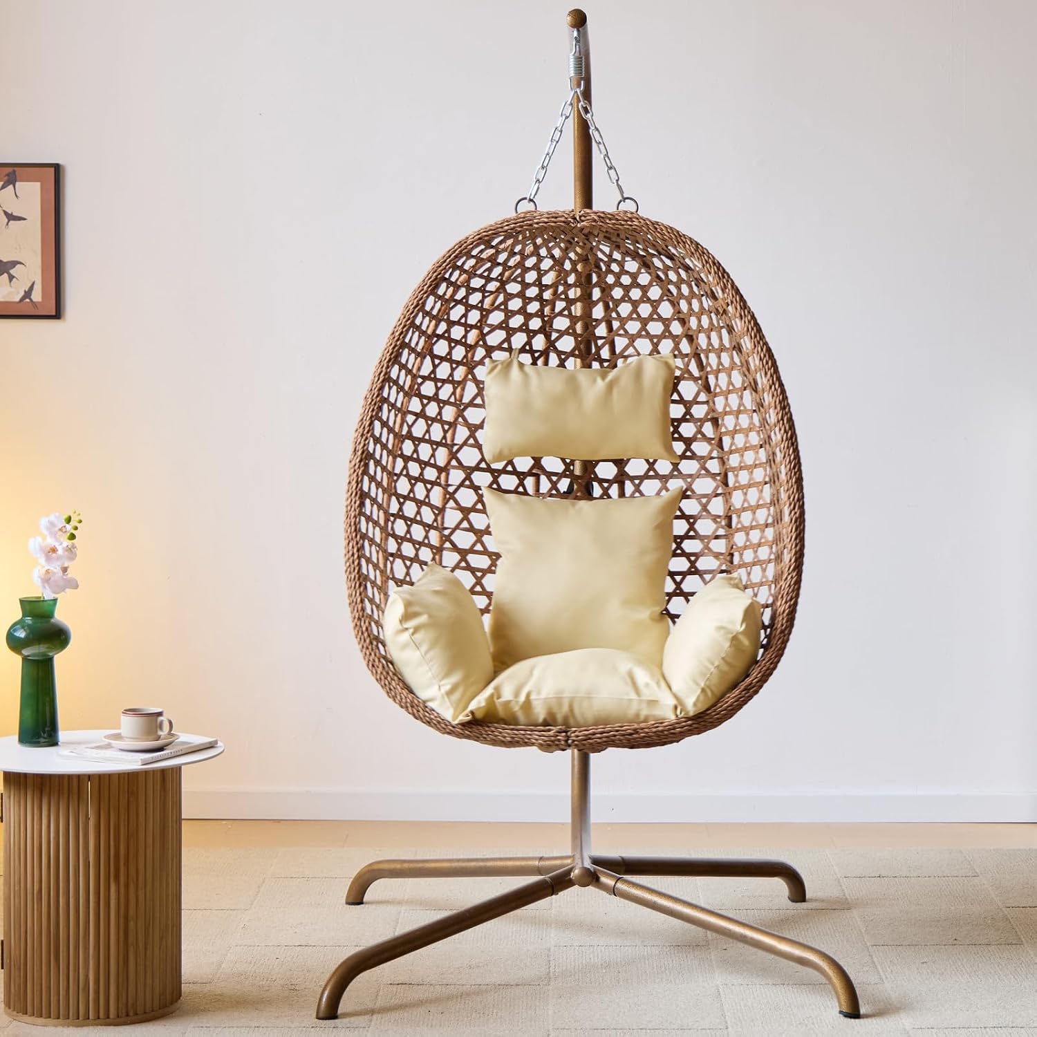 Indoor Hanging Chair with Stand for Bedroom, Patio Rattan Wicker Swing Egg Chair for Porch Garden Outdoor, Hammock Egg Swing Chair with UV Resistant Cushion, 350LBS Capacity (Beige)