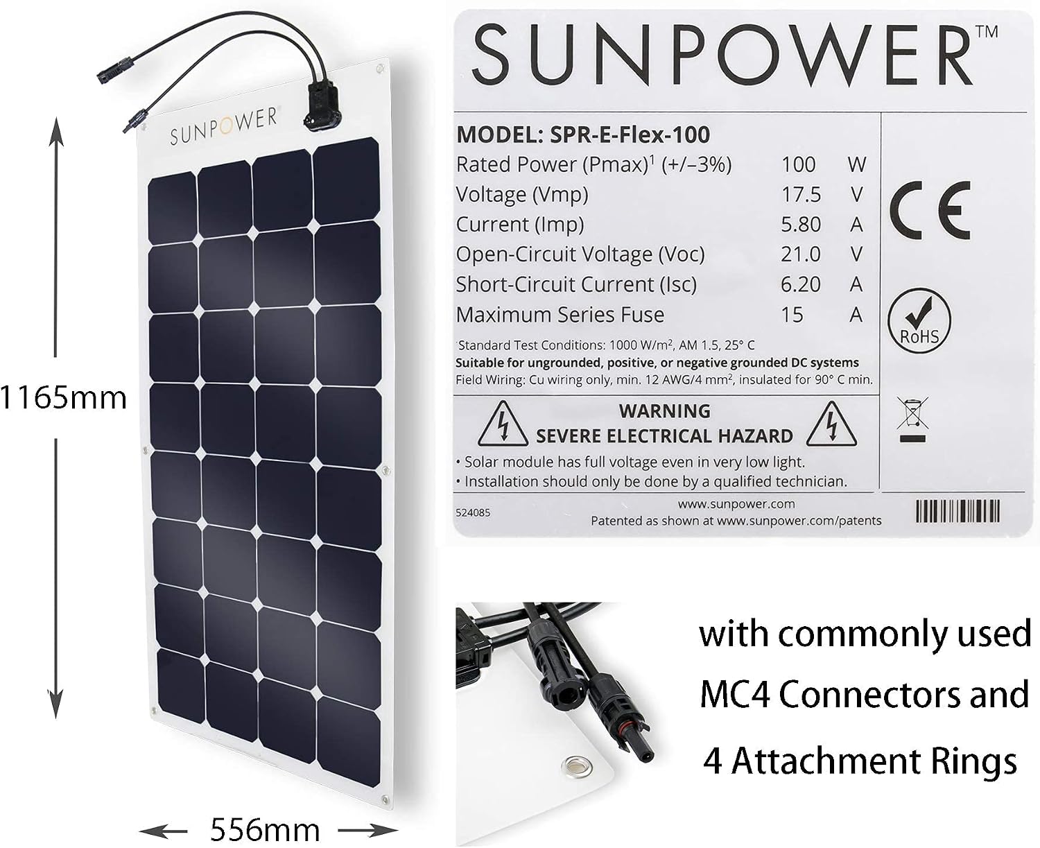 ExpertPower 2 Pieces 100W Flexible Solar Panel| High-Efficiency Module with Monocrystalline Maxeon Solar Cells for RV, Boat, Camping and Generator Charging Applications