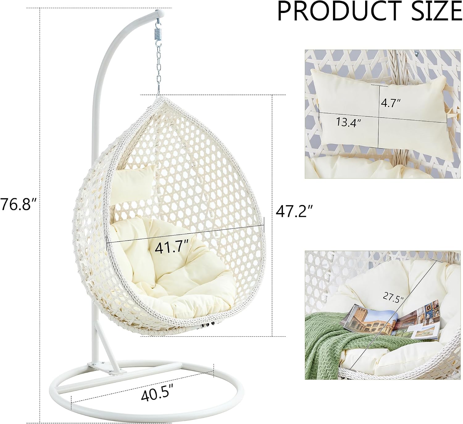 JUFU White Egg Chair with Stand, Indoor Outdoor Hanging Swing Chair with Thick Cushion and Pillow, 350 lb Capacity Wicker Patio Chair for Balcony, Bedroom, Porch, Sunroom