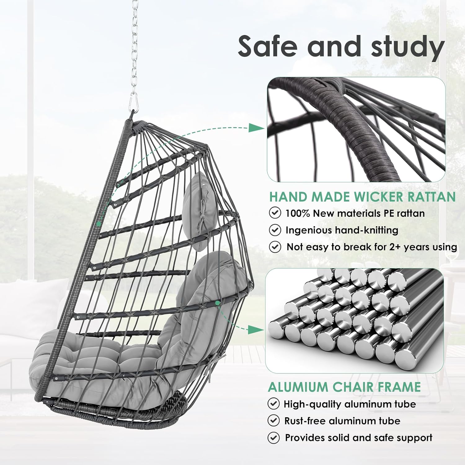 Hanging Egg Chair Without Stand - Foldable Indoor Outdoor Wicker Rattan Swing Egg Chair with Hanging Chain Hammock Chair - UV Resistant Cushions & Aluminum Frame for Bedroom Patio Camping (Grey)