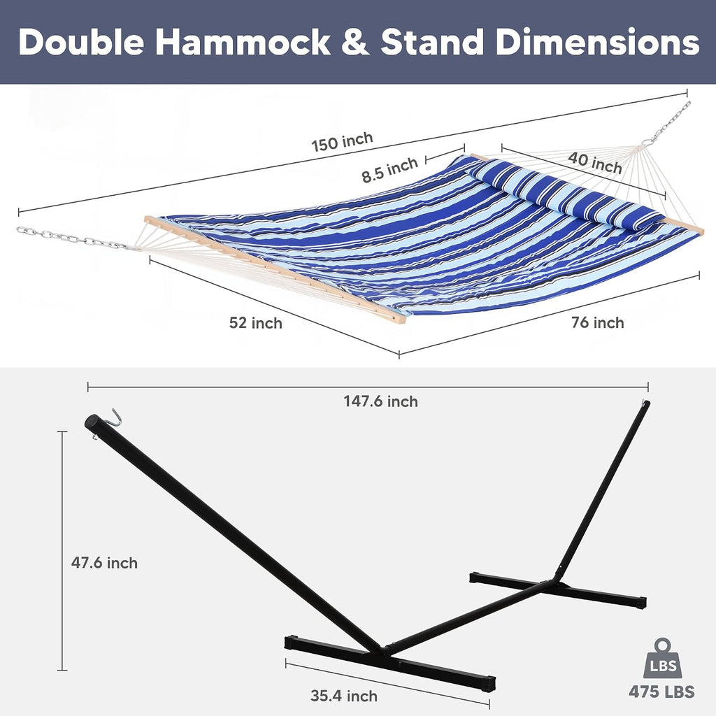 SUNCREAT Hammock Double Hammock with Stand, Carrying Bag, Two Person Cotton Rope Hammock, Blue Stripe