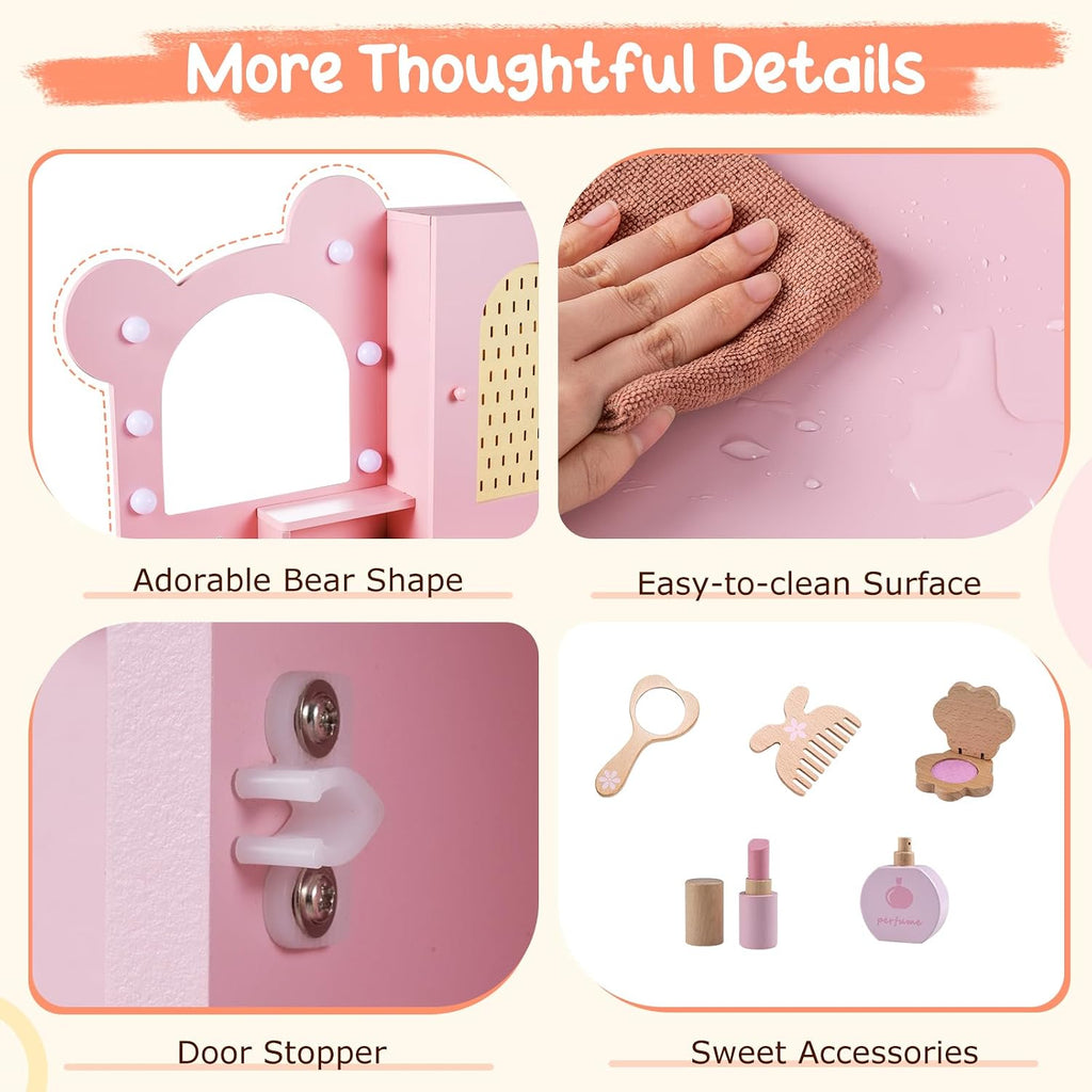 Costzon Kids Vanity with Lights, Girls Vanity Set with Mirror, Storage Drawers, Cabinet & Shelves, Toddler Makeup Vanity Desk Dressing Table, Wooden Kids Vanity Table and Chair Set (Pink)
