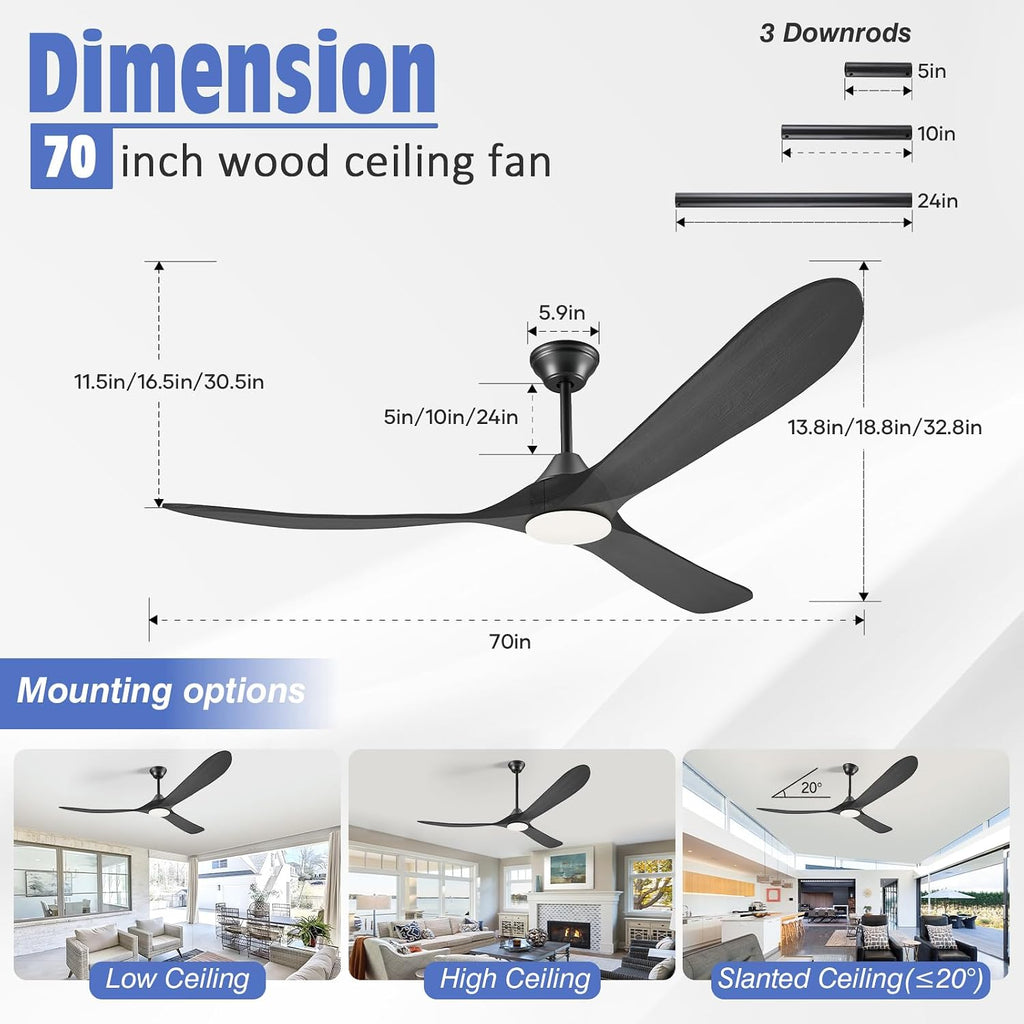 70 Inch Smart Ceiling Fan with Light, 3 Wood Blade Large Black Ceiling Fan with Light, Quiet Reversible DC Motor Ceiling Fans with Remote/Tuya App, Compatible with Alexa Google Home, Indoor & Outdoor