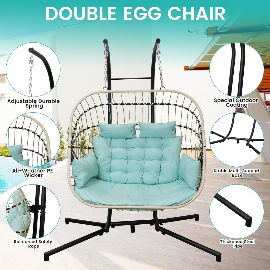 Double Egg Swing Chair with Stand Patio Rattan Wicker Hammock Chairs Outdoor Indoor Egg Swing Chair with Cushion Headrest 550 Lbs Capacity for Bedroom Balcony Garden Porch Backyard, Blue