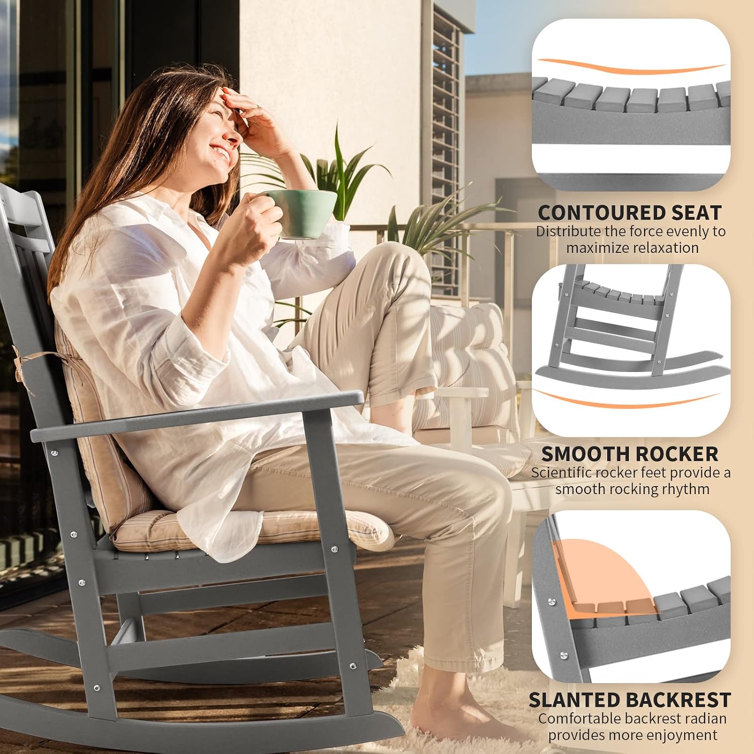 FUNBERRY Outdoor Rocking Chairs Set of 2, HDPE All Weather Poly Lumber Rocker, High Back Patio Rockers Easy Assembly