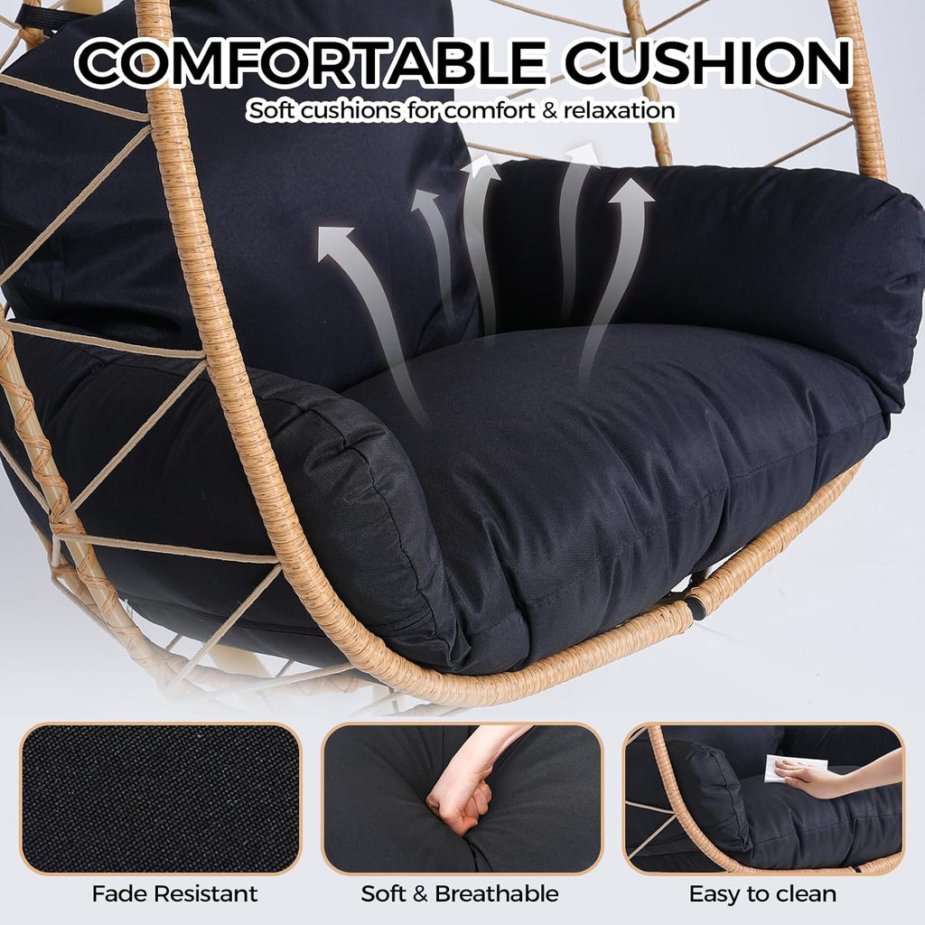 Egg Chair with Stand, Wicker Hanging Chair for Outdoor Patio, Cushioned Hammock Swing for Bedroom Garden Indoor/Outdoor, Double-Zipper Structure Hanging Egg Chair (Yellow Frame and Black)