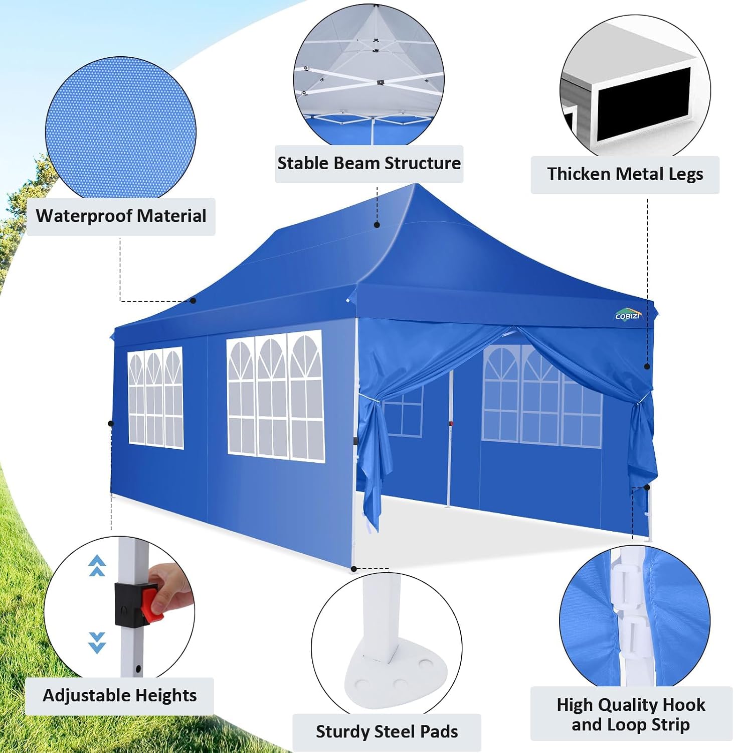 COBIZI 10x20ft Pop Up Canopy Tent with 6 Removable Sidewalls, Easy Up Commercial Canopy, Waterproof and UV50+ Gazebo with Portable Bag, Adjustable Leg Heights,Party Tents for Parties, with 4 Sandbags