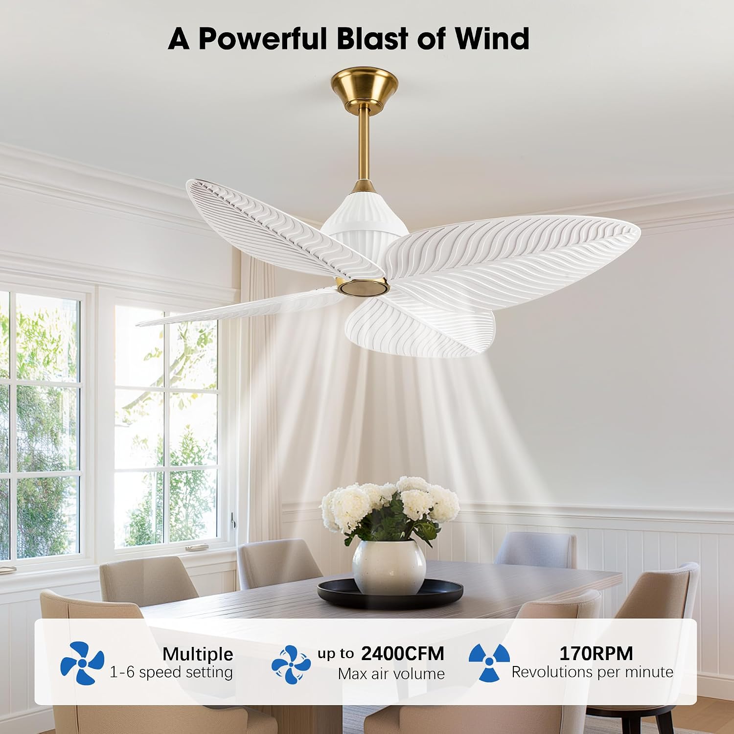 52' Tropical Ceiling Fans, Flush Mount Palm Leaf Ceiling Fan no Light, Indoor Ceiling Fans Without Light for Living Room Bedroom Kitchen Covered Gazebo, APP and Remote Control-White Gold