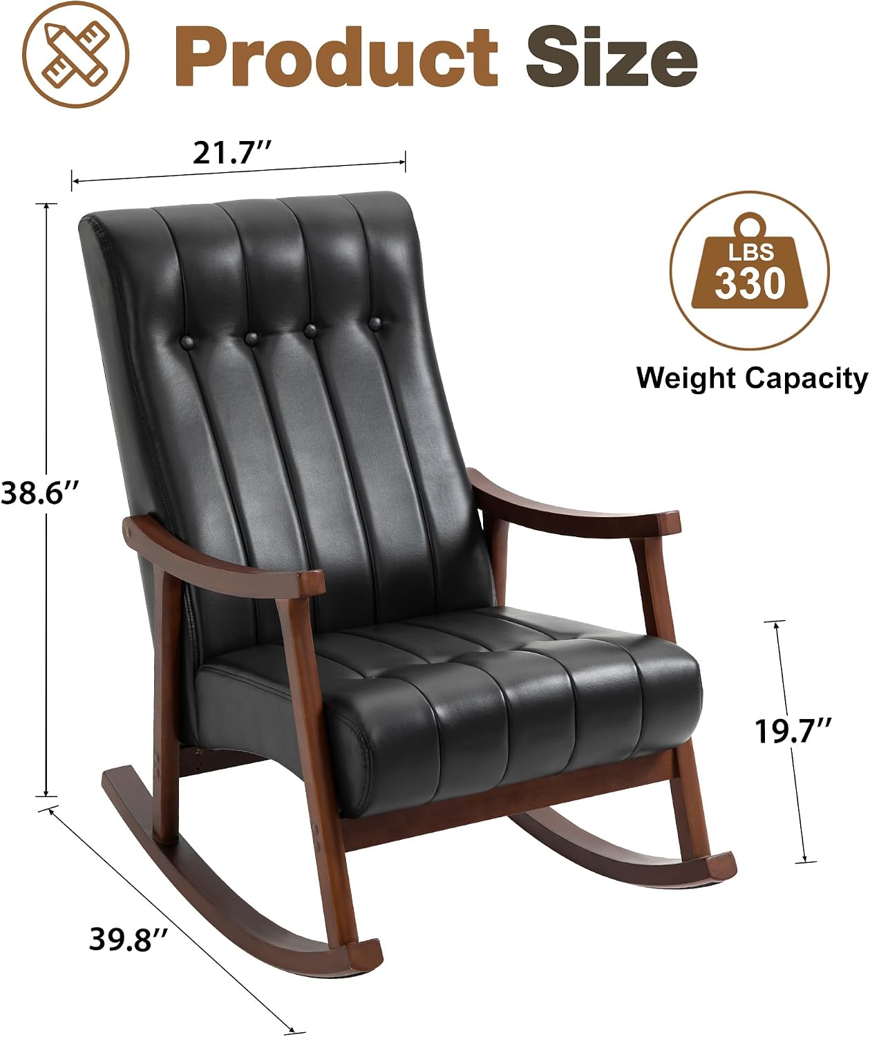 AVAWING Upholstered Rocking Chair with PU Leather Padded Seat,Comfortable Rocker Solid Wood for Living Room,Modern High Back Armchair,Adult Single Sofa,Old Man Chair (Black)