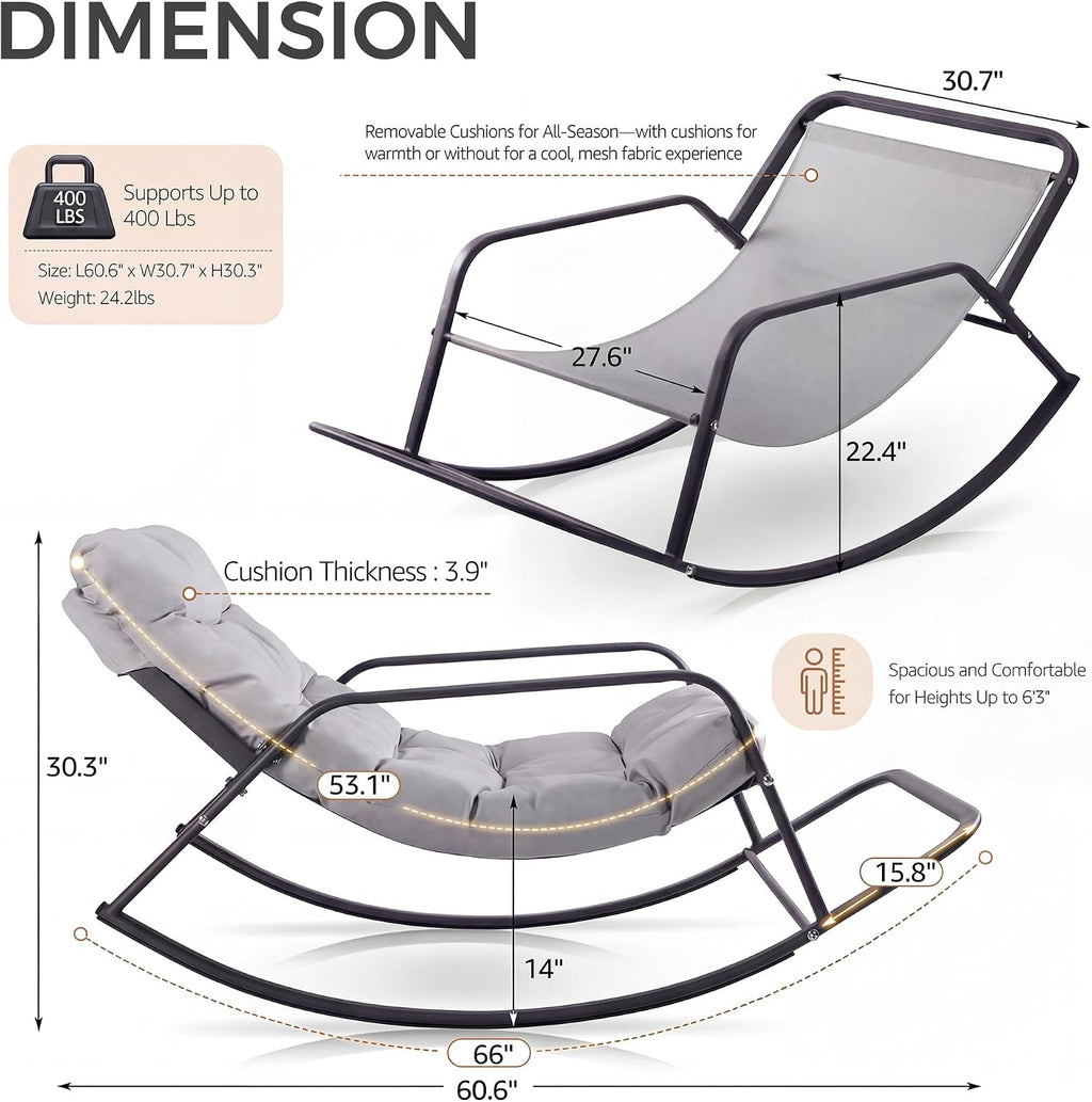 NICESOUL Set of 2 Papasan Rocking Chair with Footrest, Outdoor Rocking Chair with Cushion, Oversized Patio Rocker, Modern Lounge Comfort, Heavy Duty Steel Frame, Indoor Porch, Grey