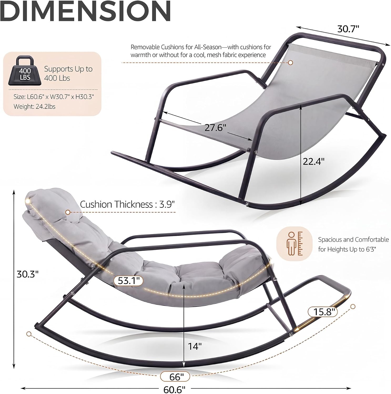 NICESOUL Papasan Rocking Chair with Footrest, Outdoor Rocking Chair with Cushion, Oversized Patio Rocker, Modern Lounge Comfort, Heavy Duty Steel Frame, Indoor Porch Garden, Grey