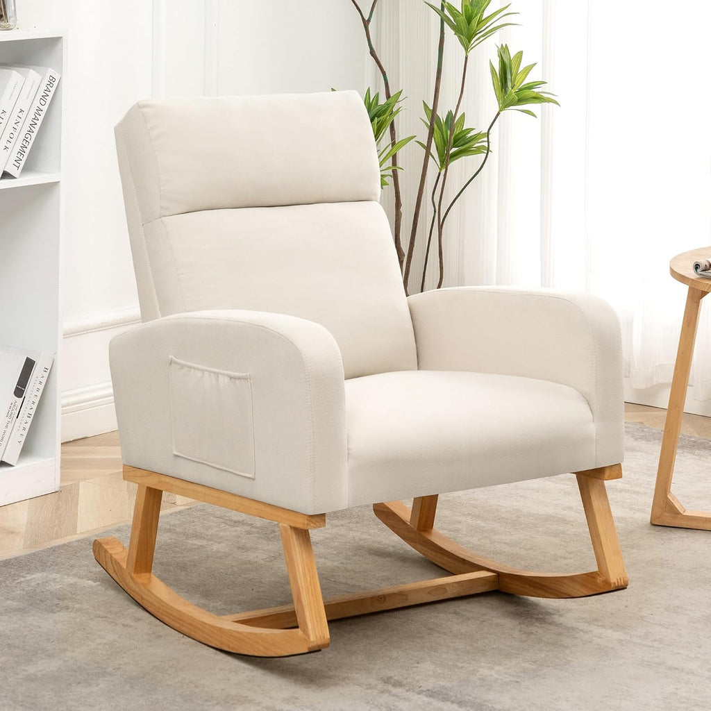 HCHAIRH Rocking Chair Nursery, Upholstered Nursing Rocker Chairs with High Backrest, Modern Glider Rocking Chair for Nursery Living Room, Bedroom, Cream