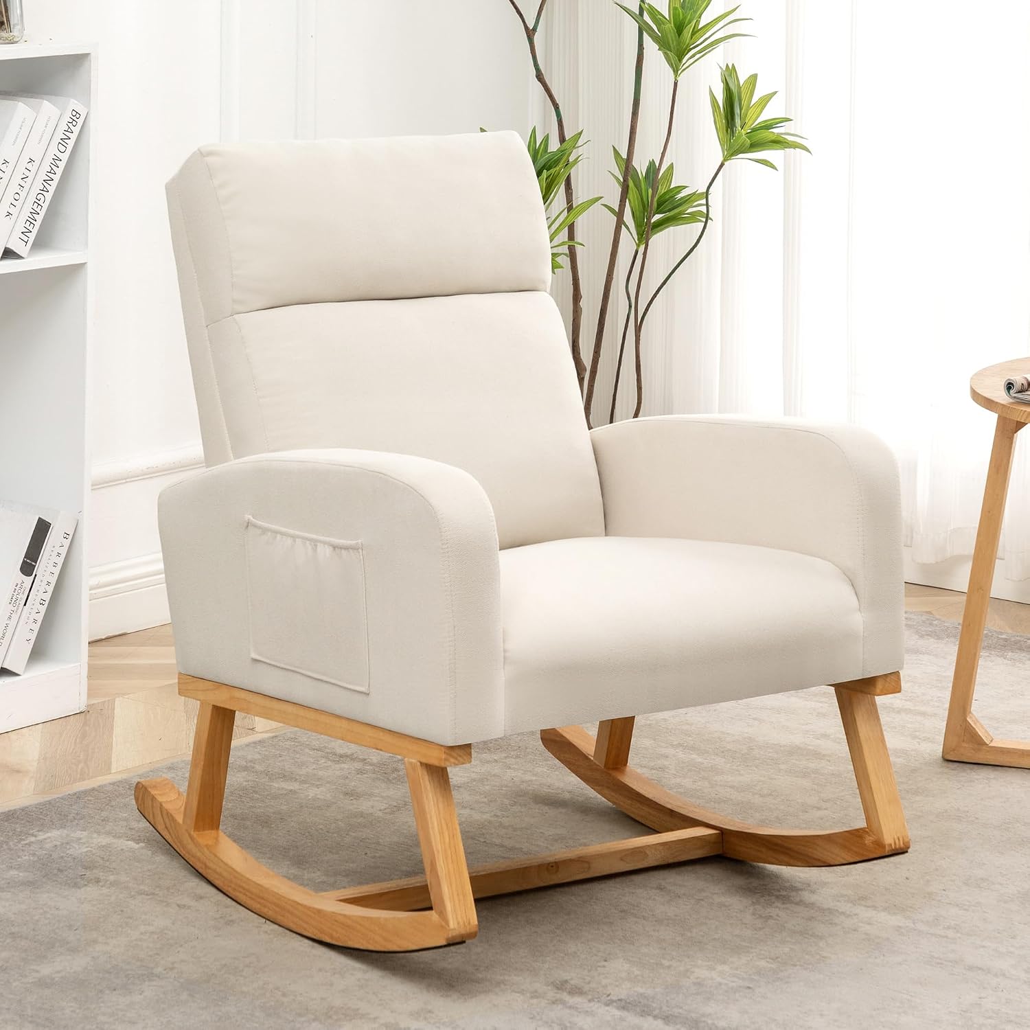 HCHAIRH Rocking Chair Nursery, Upholstered Nursing Rocker Chairs with High Backrest, Modern Glider Rocking Chair for Nursery Living Room, Bedroom, Cream