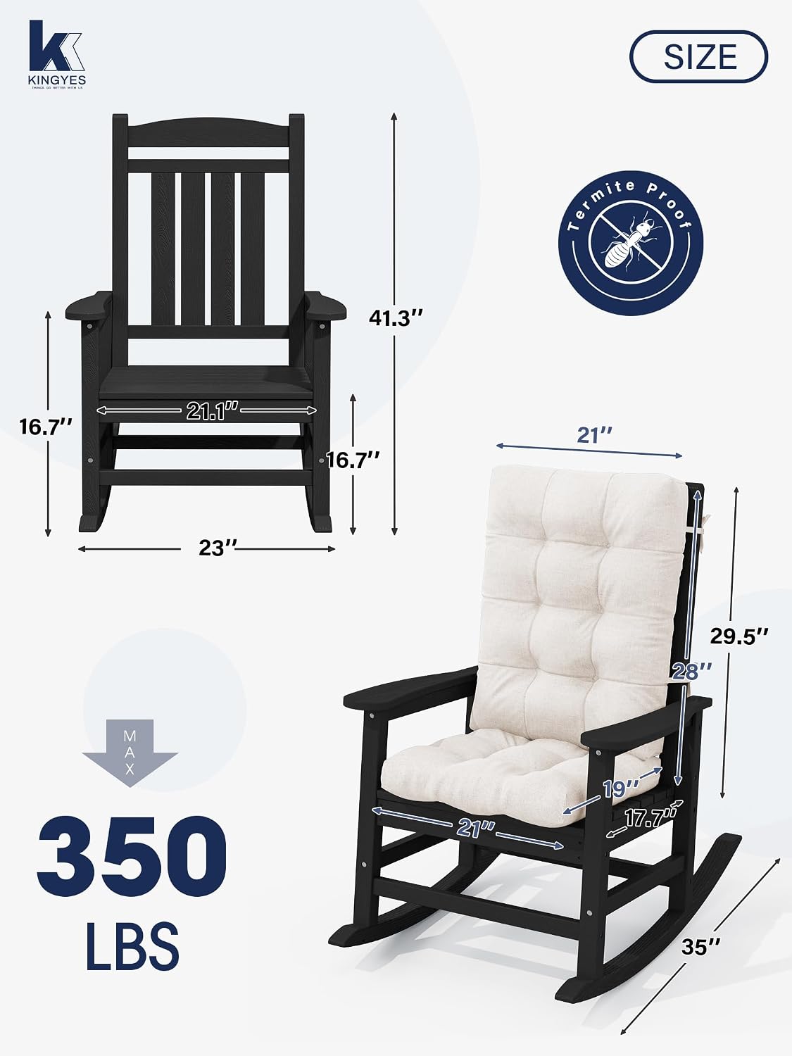KINGYES Oversized Outdoor Rocking Chair with Cushion, All-Weather Patio Rocking Chairs, HDPE Porch Rocker for Adults, 350 lbs Capacity, Black Chair with Beige Cushion