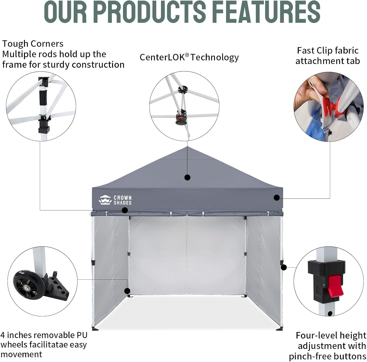 CROWN SHADES Pop Up Canopy Tent, 8x8 Commercial Canopy Tent with 4 Sidewalls, 4' Wheels, 4 Upgraded Weights, Patented Centerlock, 400D Fabric, Sto'N Go Bag, Gray
