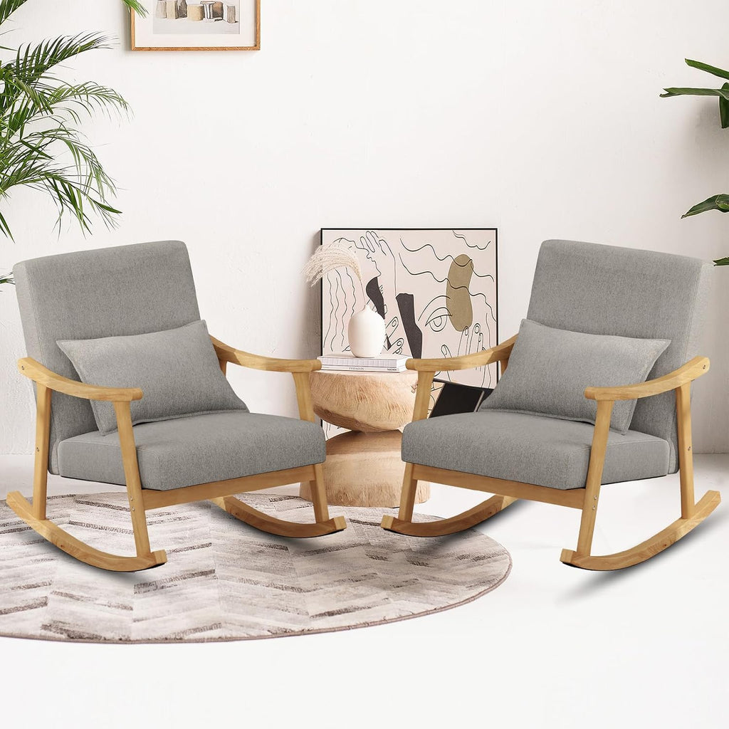 POWERSTONE Nursery Rocking Chair Upholstered Glider Rocker with PP Pillow & Rubber Wood Frame Modern Single Rocking Armchair for Bedroom, Living Room, Balcony, Offices, Nursery Grey
