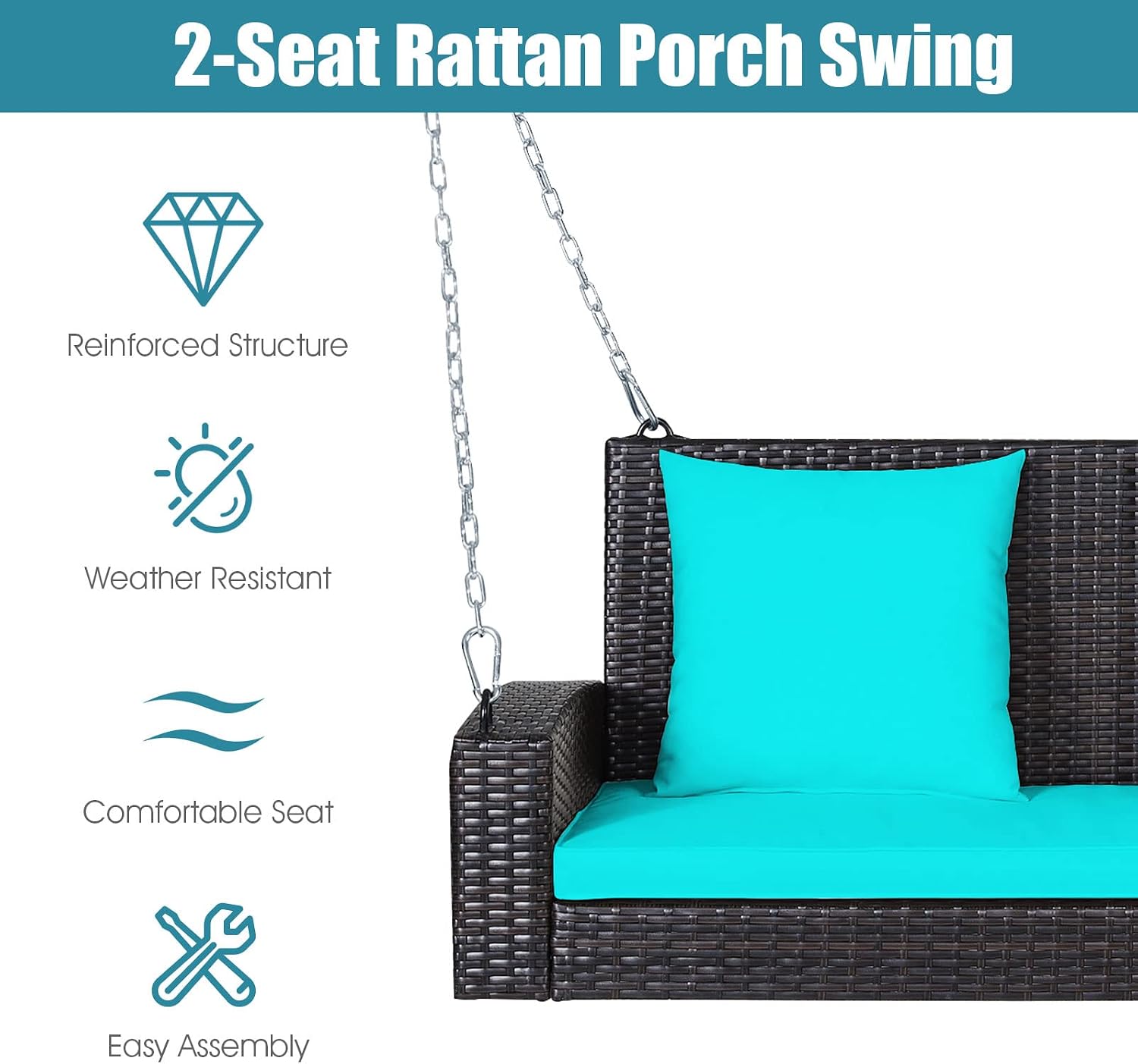 Tangkula 2-Person Wicker Hanging Porch Swing, Patiojoy Outdoor Rattan Swing Bench W/ 2 Back Cushions & 1 Seat Cushion, Sturdy Steel Chain, 800lbs Weight Capacity, Suitable for Deck, Backyard, Garden
