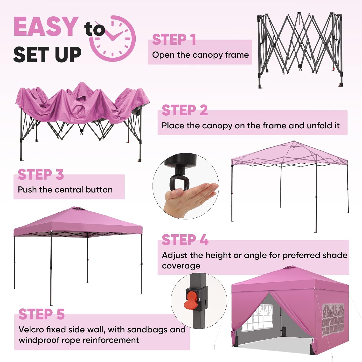 GDY 10x10 Pop Up Canopy Tent with 4 Sidewalls, Easy Set up with One Push Lift Outdoor Silver Coated Beach Gazebos, Carpas with 4 Sandbags, for Outdoor, Parties,Camping, Light Pink.