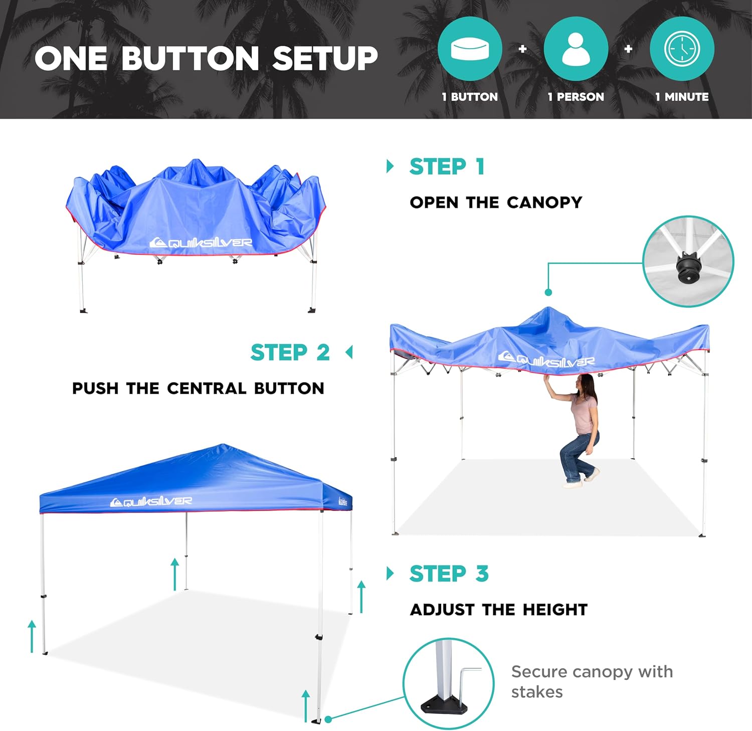 QUIKSILVER Blue 10x10 Pop Up Canopy Shade Tents for Outdoors - Foldable Gazebo Tent, Portable Shade for Yards, Beach, Parties Also Includes a Wheeled Carry Bag