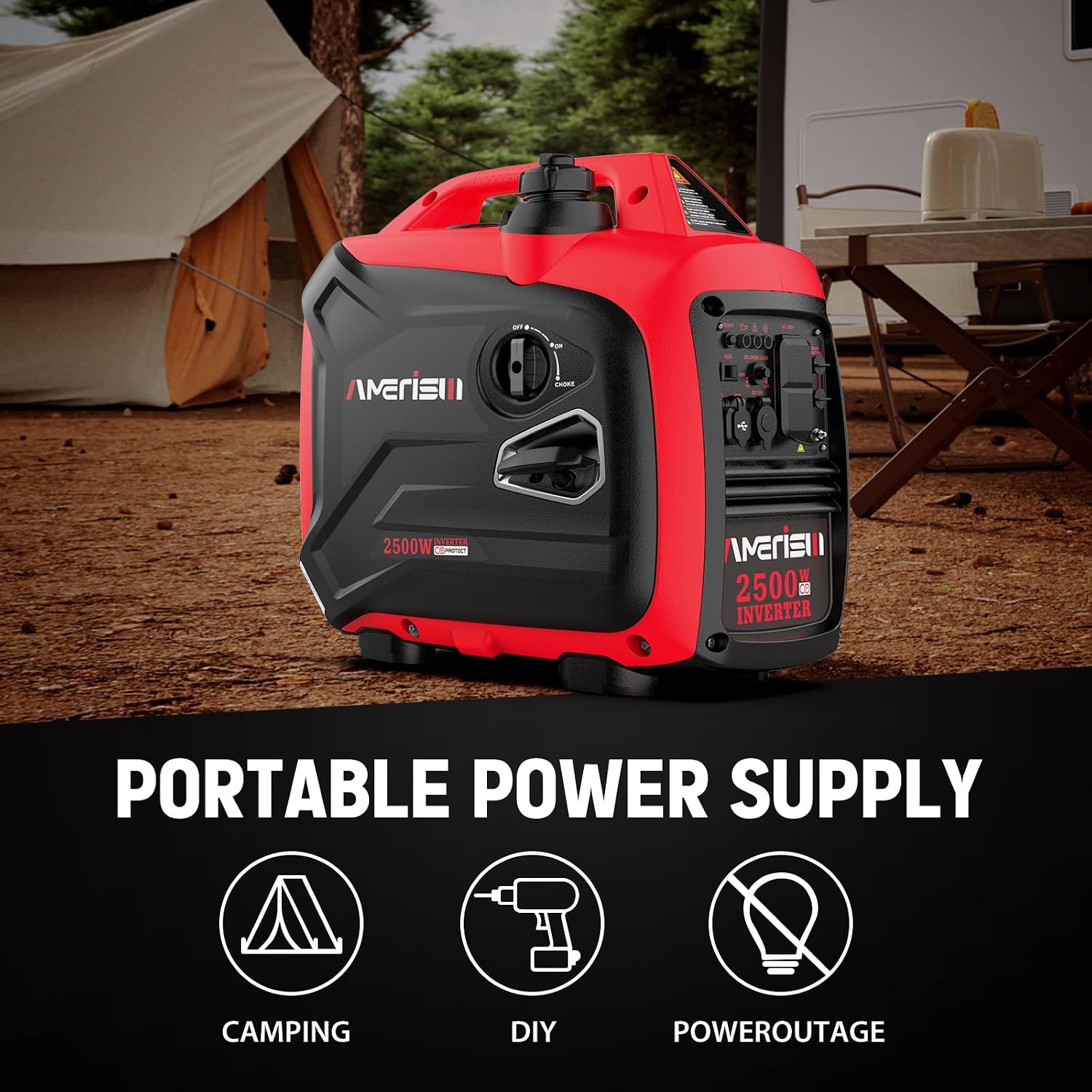 AMERISUN 2500 Watt Portable Inverter Generator with CO Sensor and Quiet Technology for Camping, Tailgating (AM5020C)