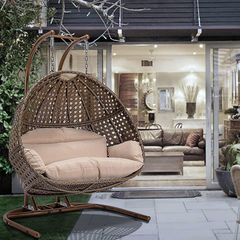 Hanging Egg Chair with Stand, 2 Person Heavy Duty Hanging Wicker Rattan Swing Chair Basket Hammock Nest Chair Seat for Indoor Outdoor Patio Lounger Swinging Loveseat (Beige)