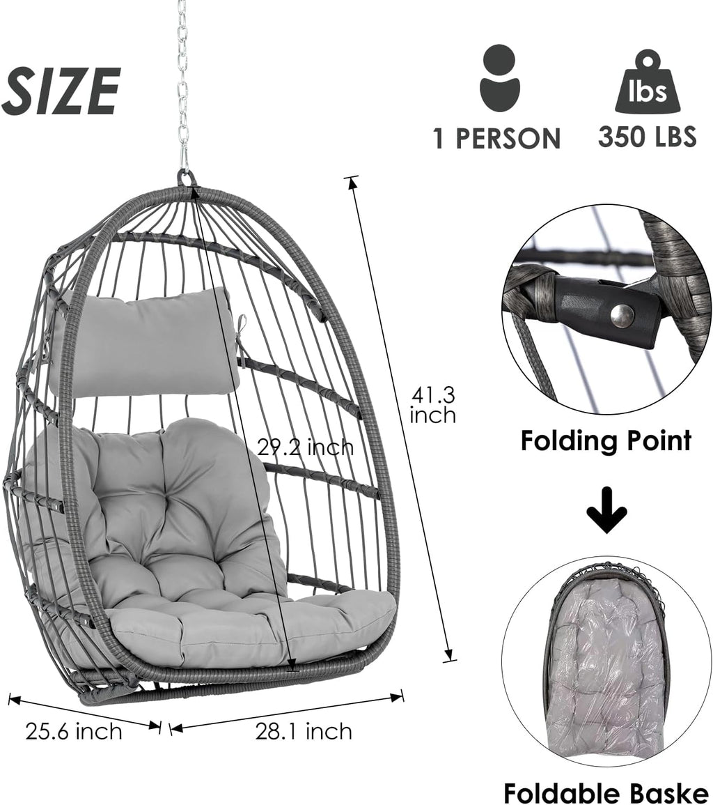 Hanging Egg Chair Without Stand - Foldable Indoor Outdoor Wicker Rattan Swing Egg Chair with Hanging Chain Hammock Chair - UV Resistant Cushions & Aluminum Frame for Bedroom Patio Camping (Grey)