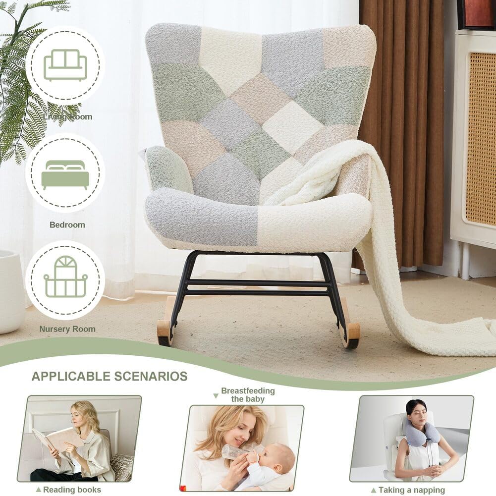 Nursery Rocking Chair Teddy Upholstered Glider Rocker Rocking Accent Chair with High Backrest Armchair Comfy Side Chair for Living Room, Bedroom, Offices (Spliced Green)