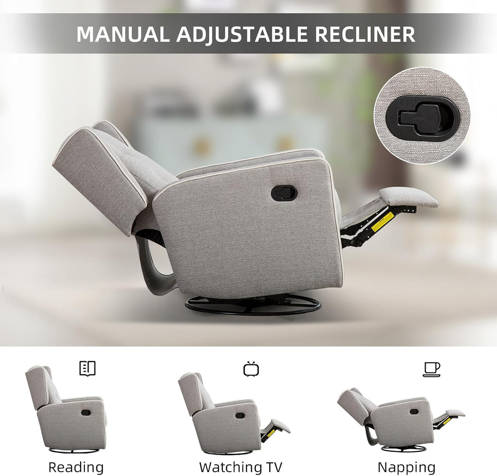CANMOV Swivel Rocker Recliner Chair, Rocking Chair Nursery Glider Recliner, Manual Glider Chair for Nursery (Gray)