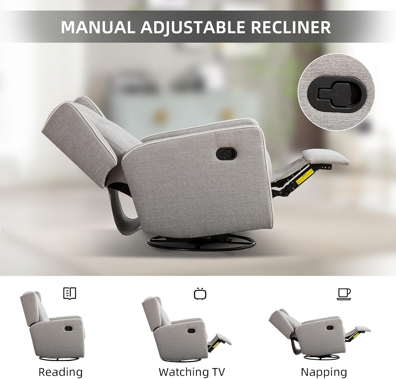 CANMOV Swivel Rocker Recliner Chair, Rocking Chair Nursery Glider Recliner, Manual Glider Chair for Nursery (Gray)