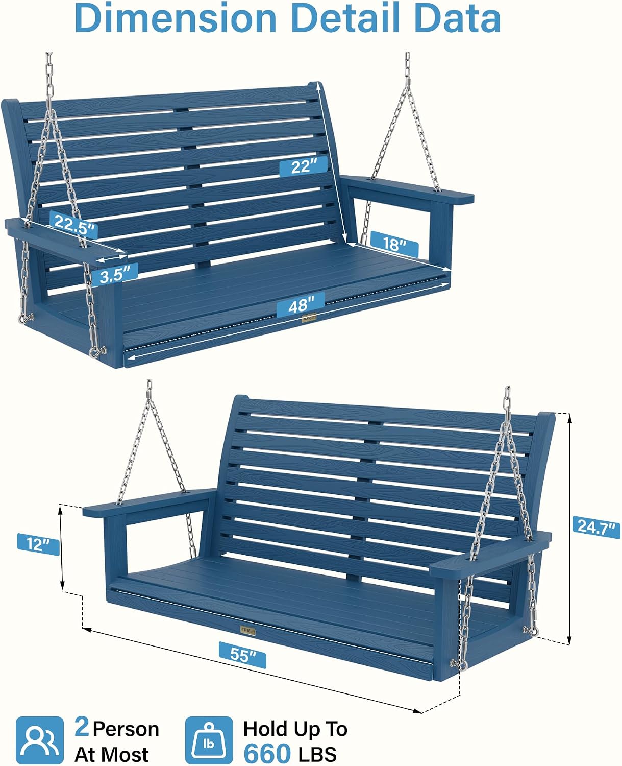 YEFU Hanging Porch Swing Outdoor: 2-Seat Patio Swing Bench-All Weather Swings Chair with Hanging Chains-Look Like Real Wood-Garden/Courtyard/660Lbs Weight Capacity/4FT/Navy Blue